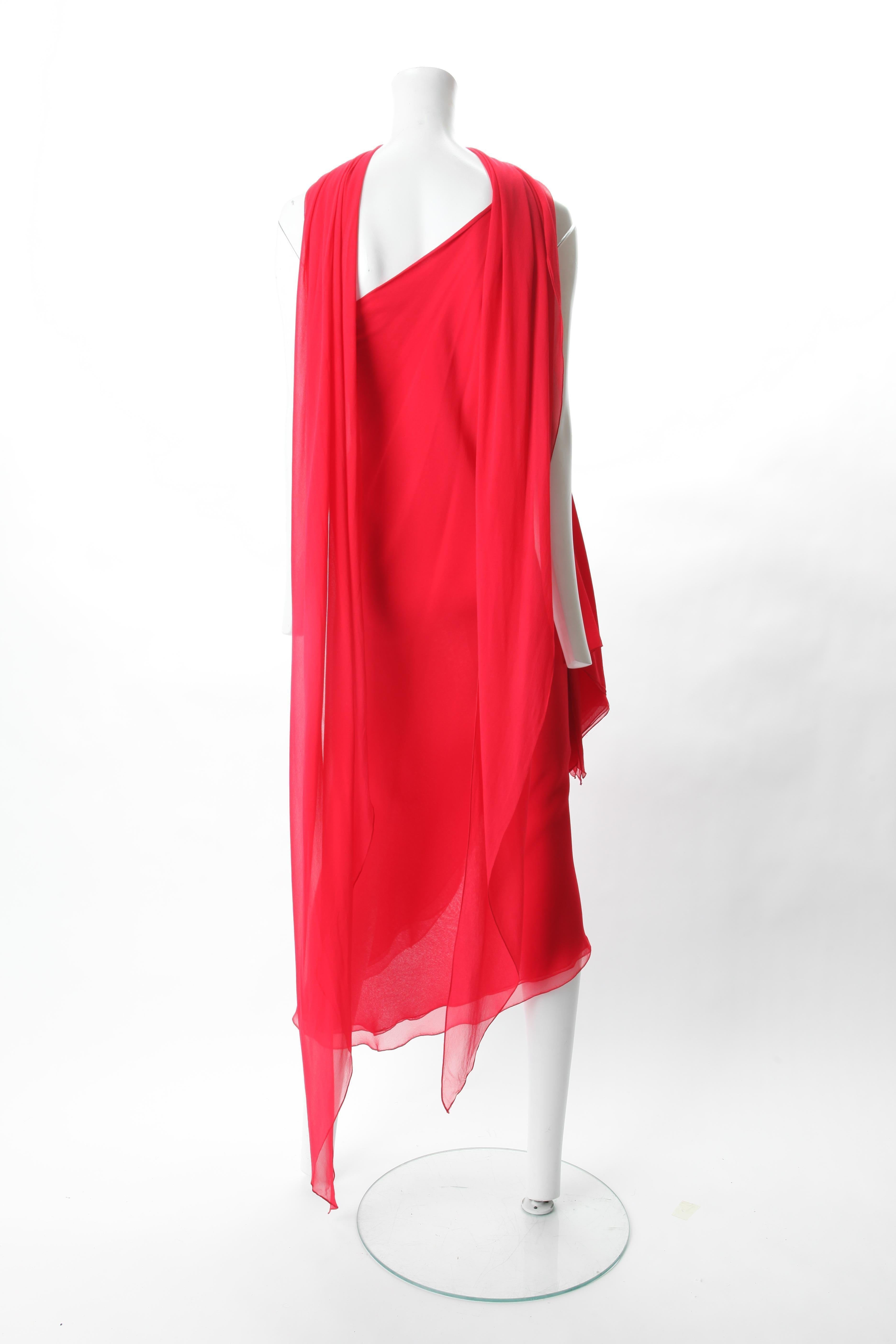 Halston Red Chiffon Dress with Sash, c. 1970s. In Good Condition In New York, NY