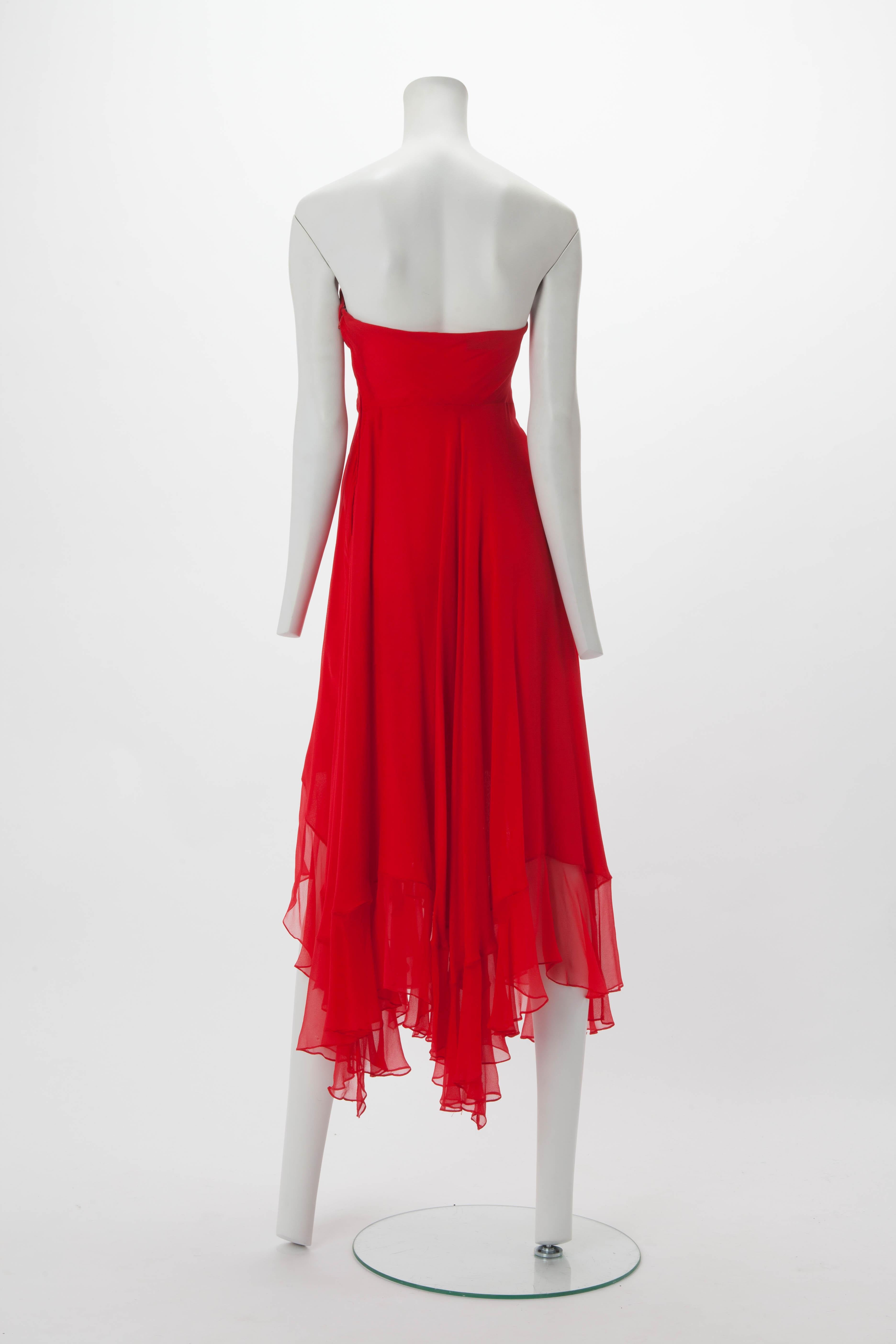 HALSTON Red Silk Chiffon Strapless Dress w/ Cape c1970s Rare In Good Condition In New York, NY