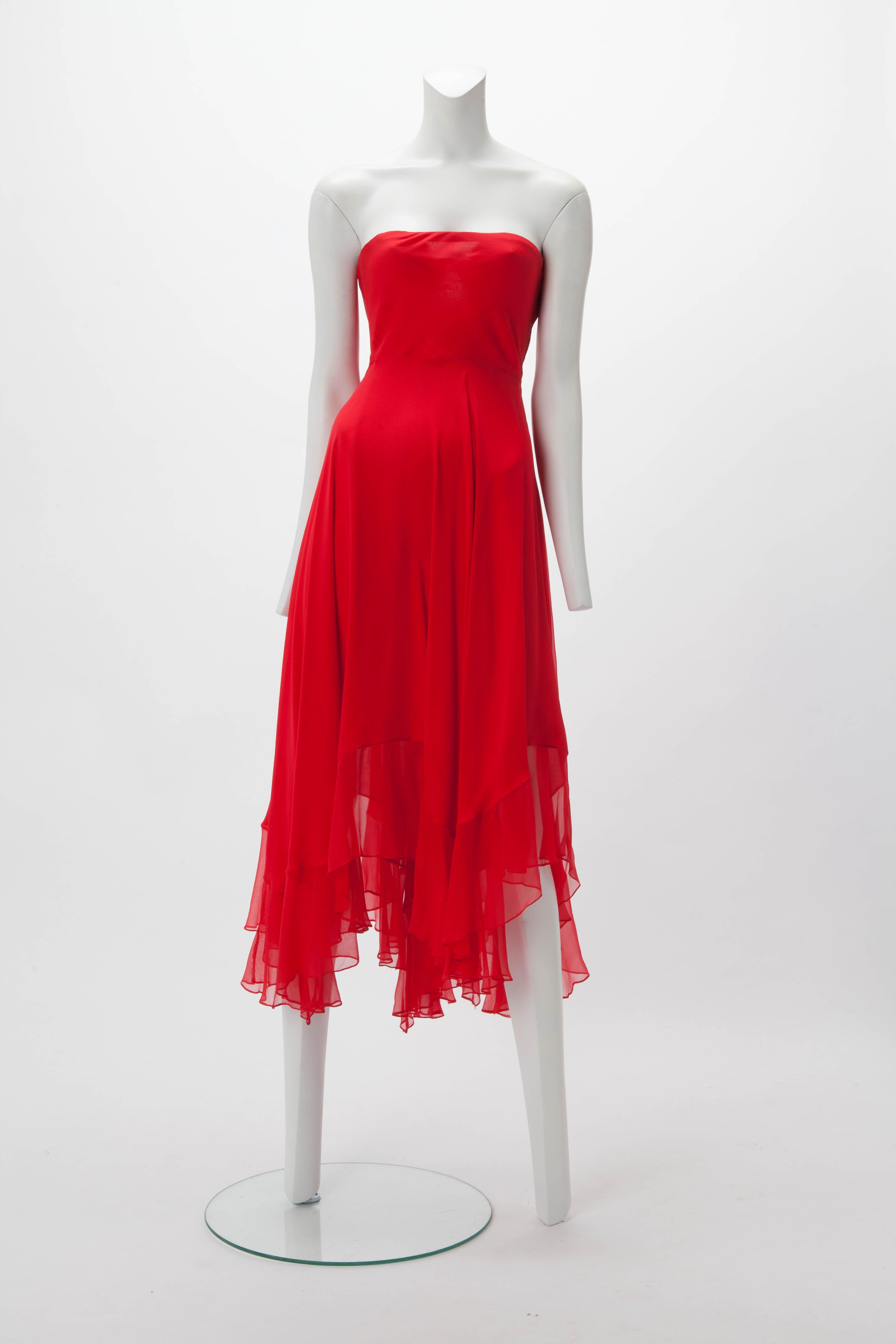 Women's or Men's HALSTON Red Silk Chiffon Strapless Dress w/ Cape c1970s Rare