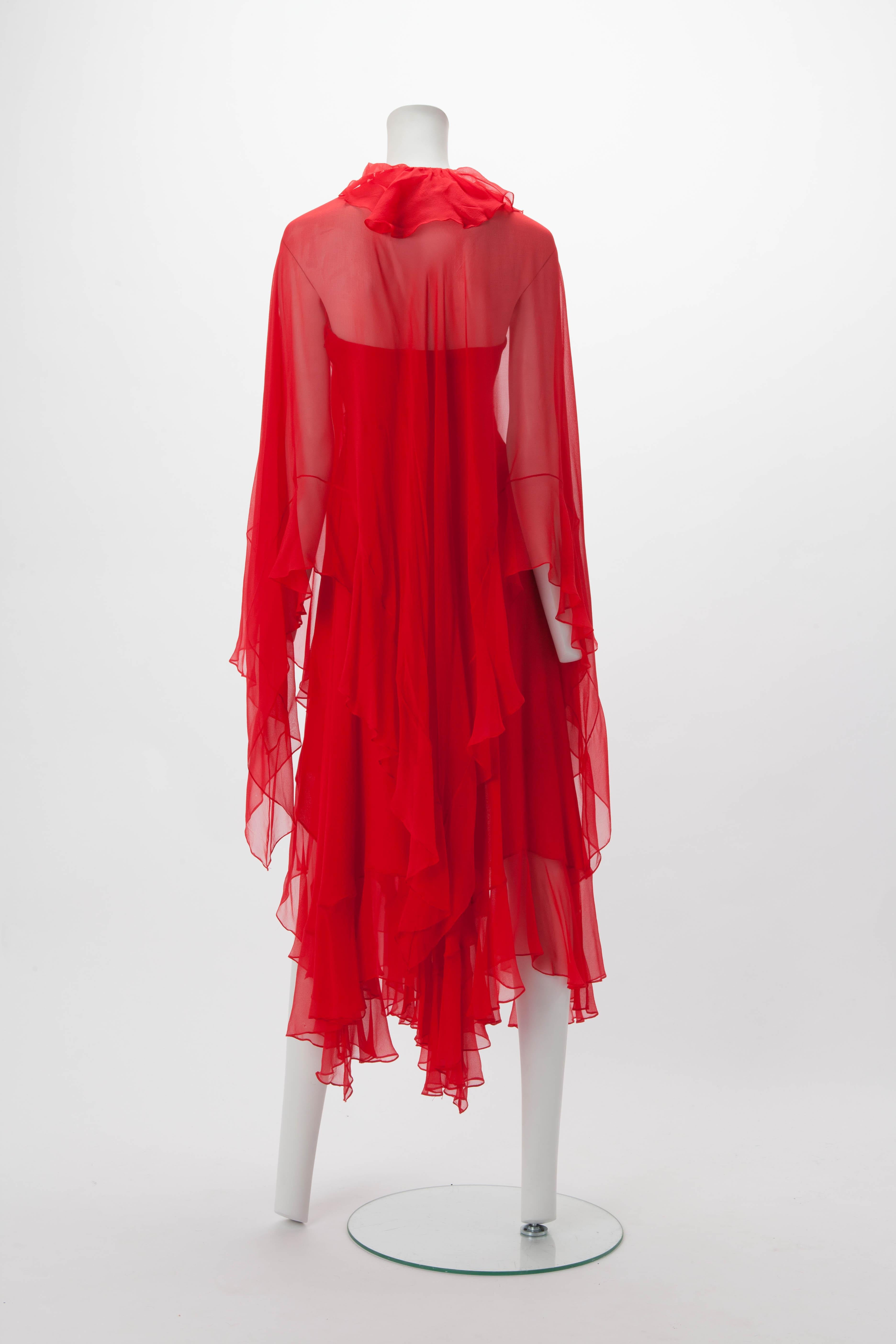 HALSTON Red Silk Chiffon Strapless Dress w/ Cape c1970s Rare 1