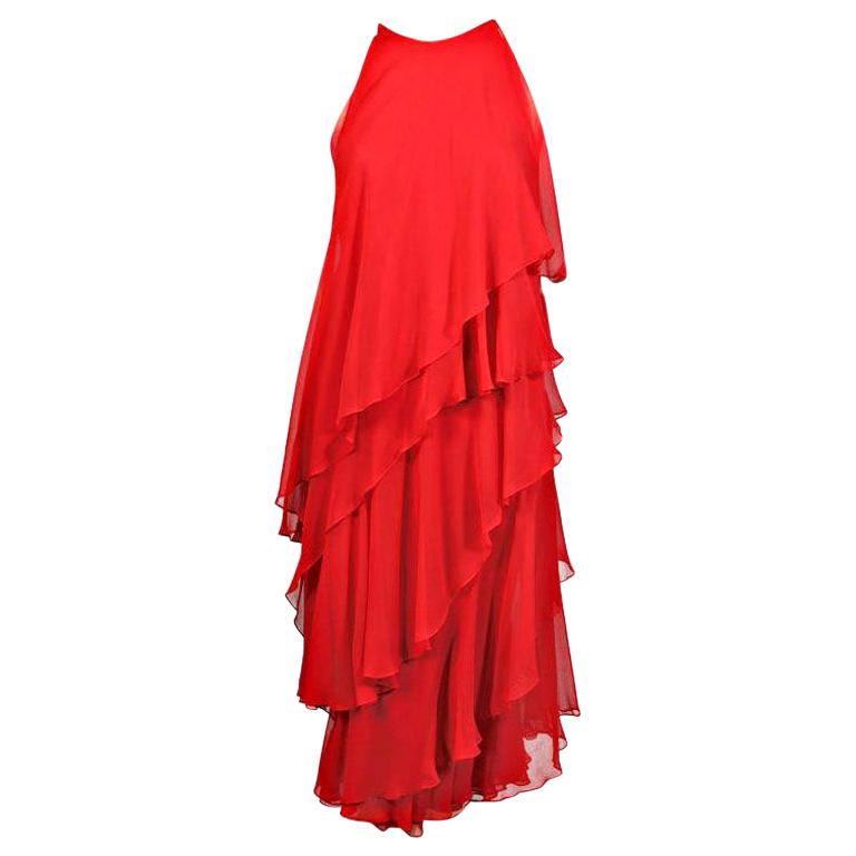 Halston Red Tiered Silk Chiffon Evening Dress, 1970s 