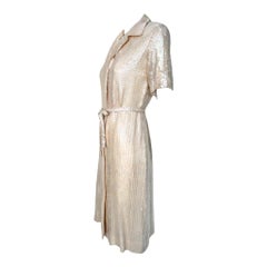 Halston Resort Cream Sequin Shirt Dress Tie Belt, 1974