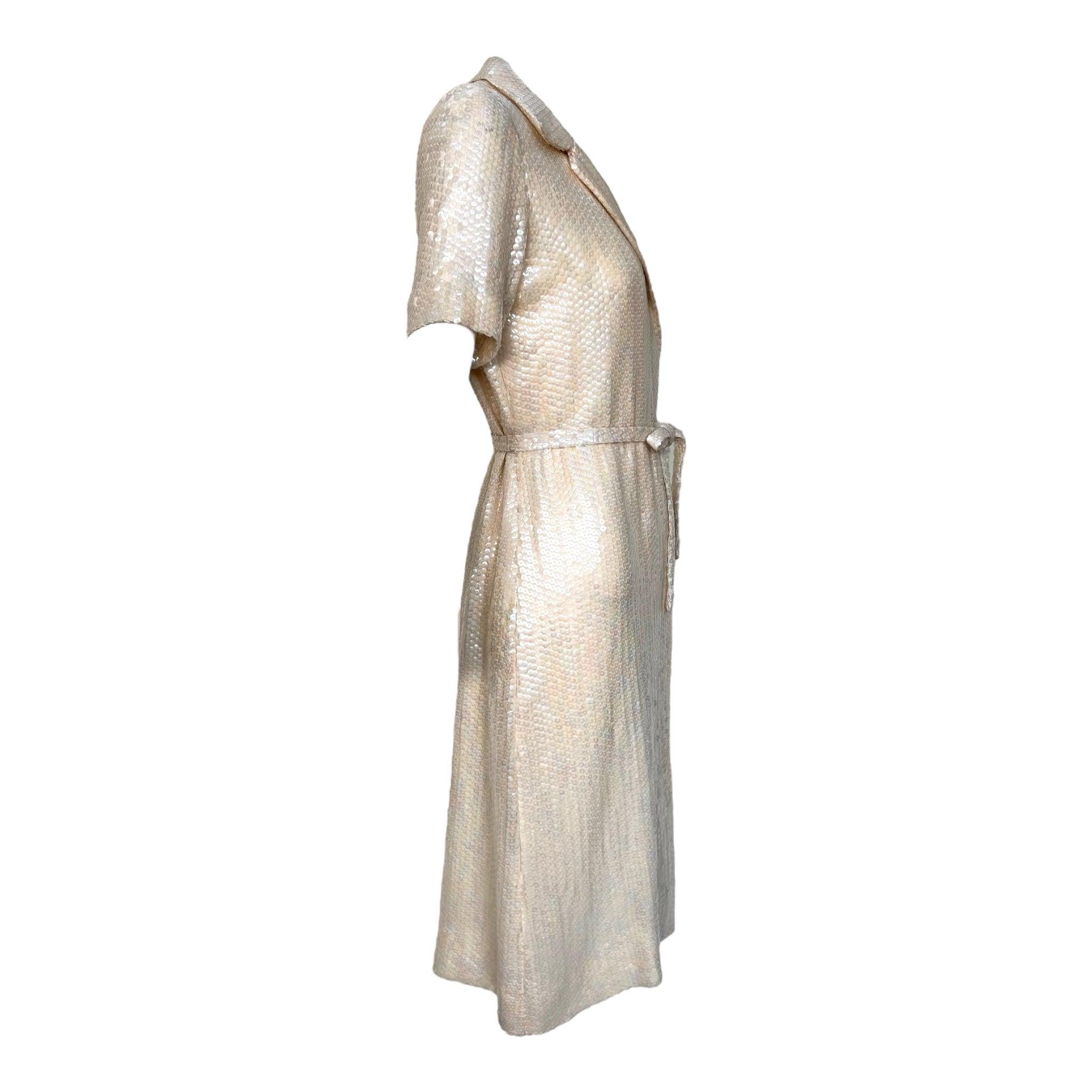 Beige Halston Resort Cream Sequin Shirt Dress Tie Belt, 1974 For Sale