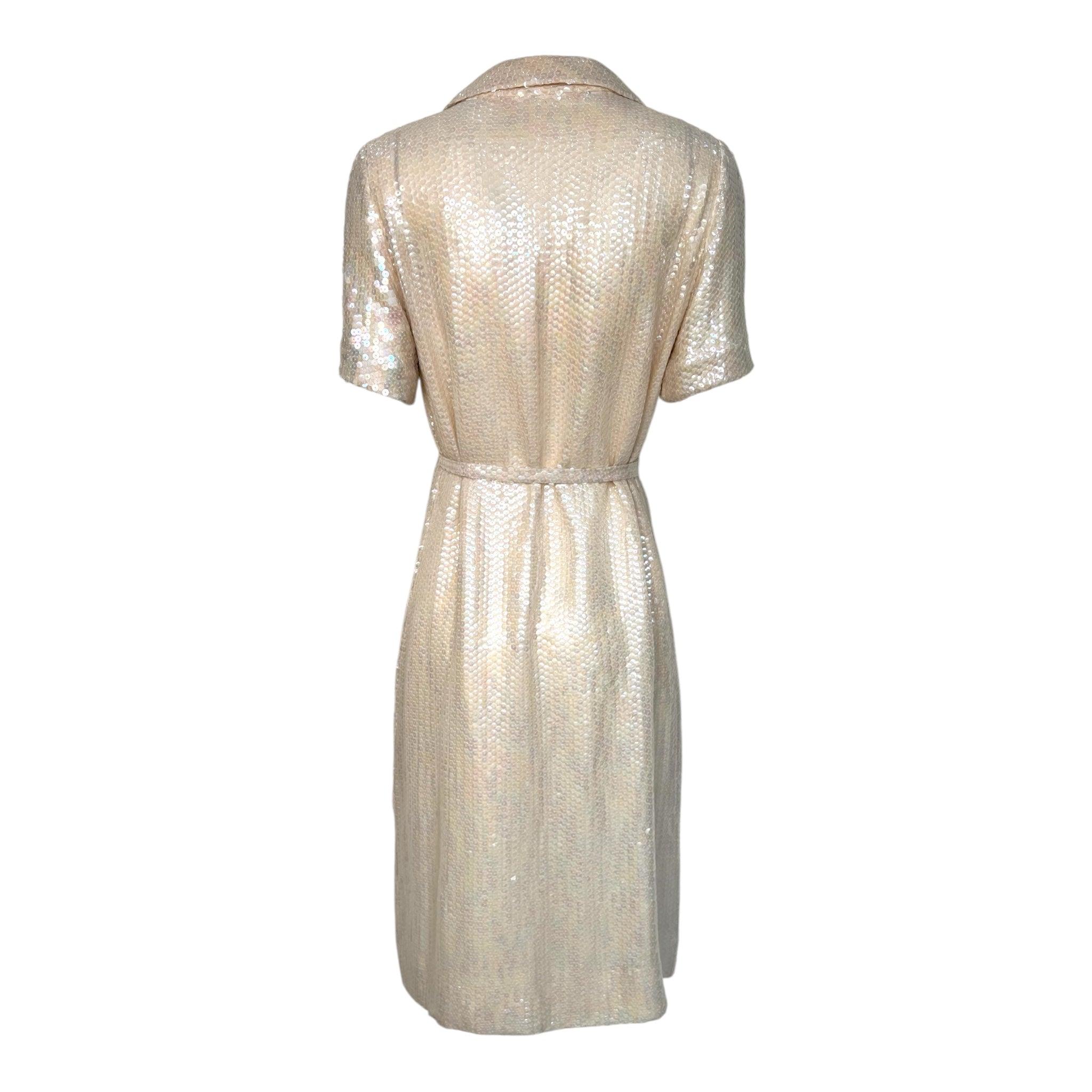 Halston Resort Cream Sequin Shirt Dress Tie Belt, 1974 In Good Condition For Sale In Los Angeles, CA