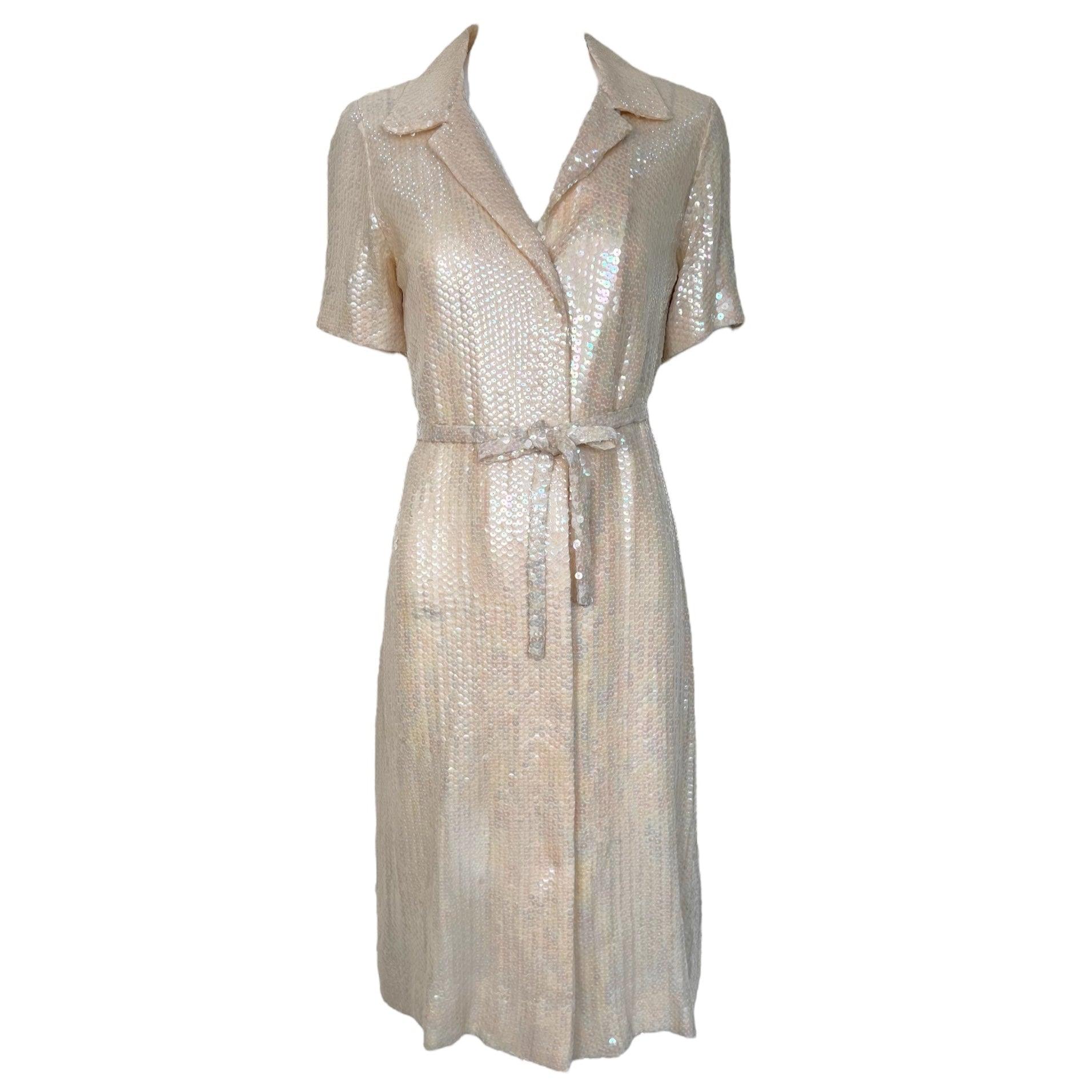 Halston Resort Cream Sequin Shirt Dress Tie Belt, 1974 For Sale