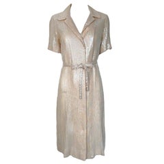 Halston Resort Cream Sequin Shirt Dress Tie Belt, 1974