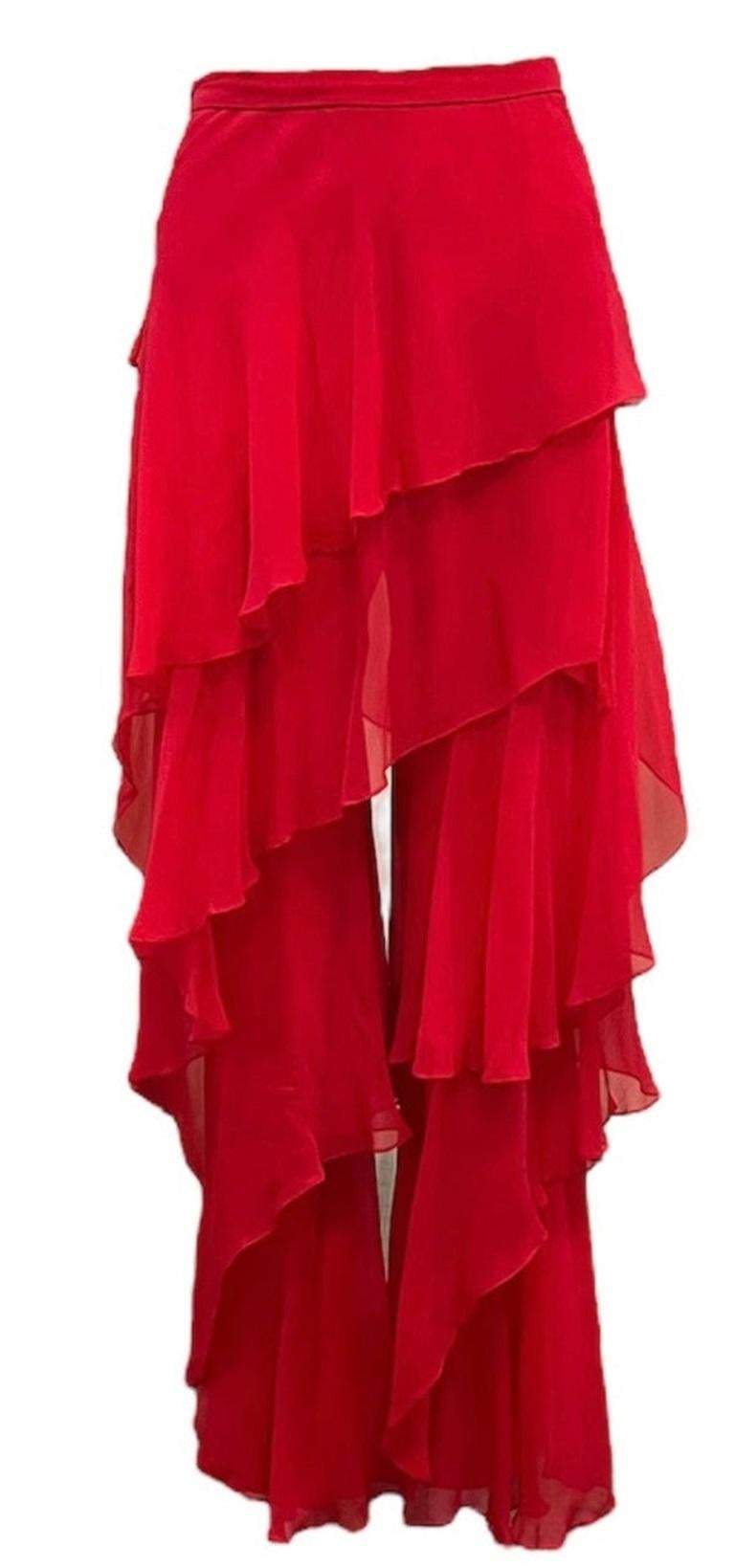 Ensemble de pyjama de plage à volants en mousseline de soie rouge d'Halston Resort, 1977 Bon état - En vente à Los Angeles, CA