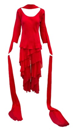 Ensemble de pyjama de plage à volants en mousseline de soie rouge d'Halston Resort, 1977