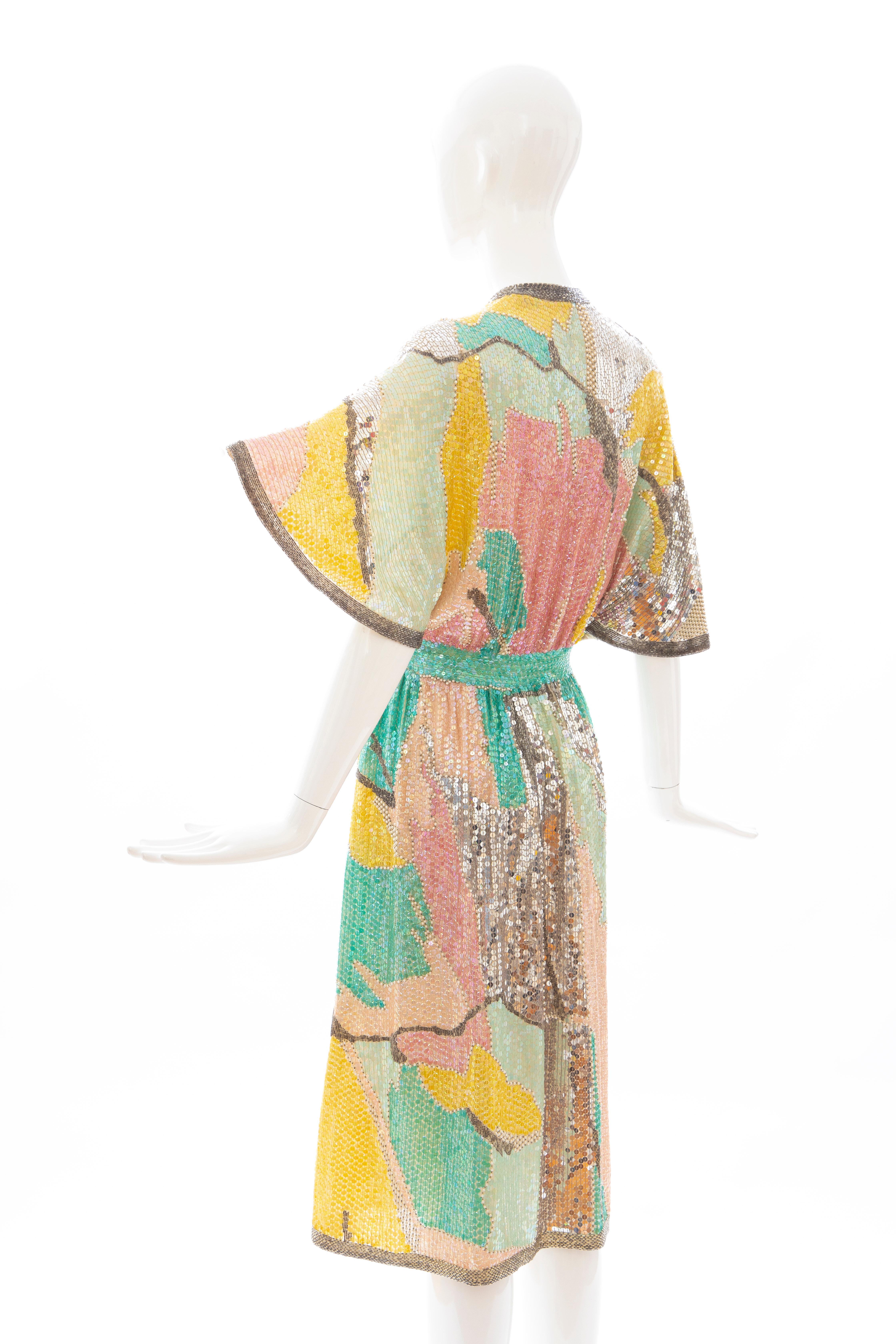 Halston Sequin Seed Pearl Bugle Bead Silk Evening Wrap Dress, Circa: 1970's 5