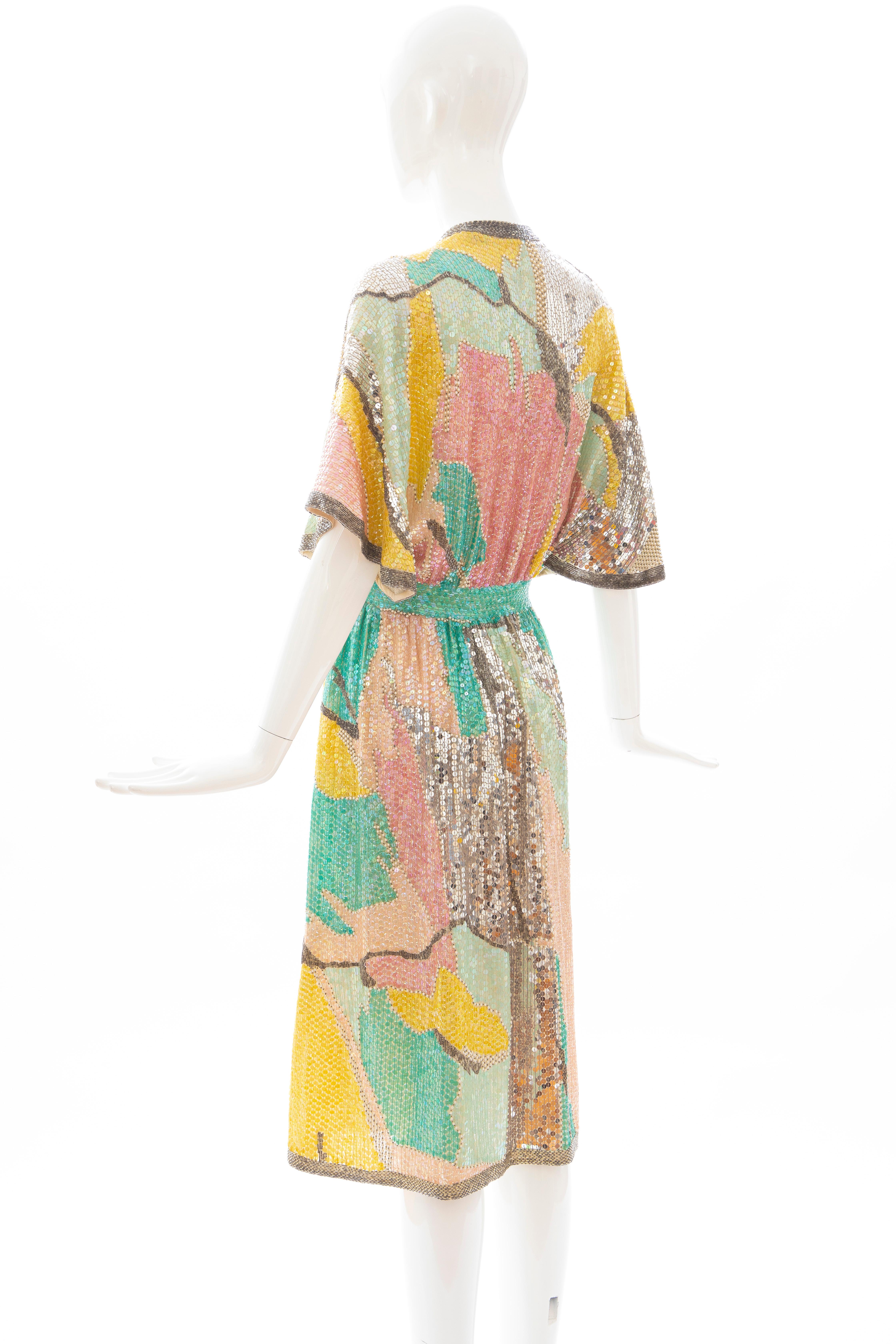 Halston Sequin Seed Pearl Bugle Bead Silk Evening Wrap Dress, Circa: 1970's 6