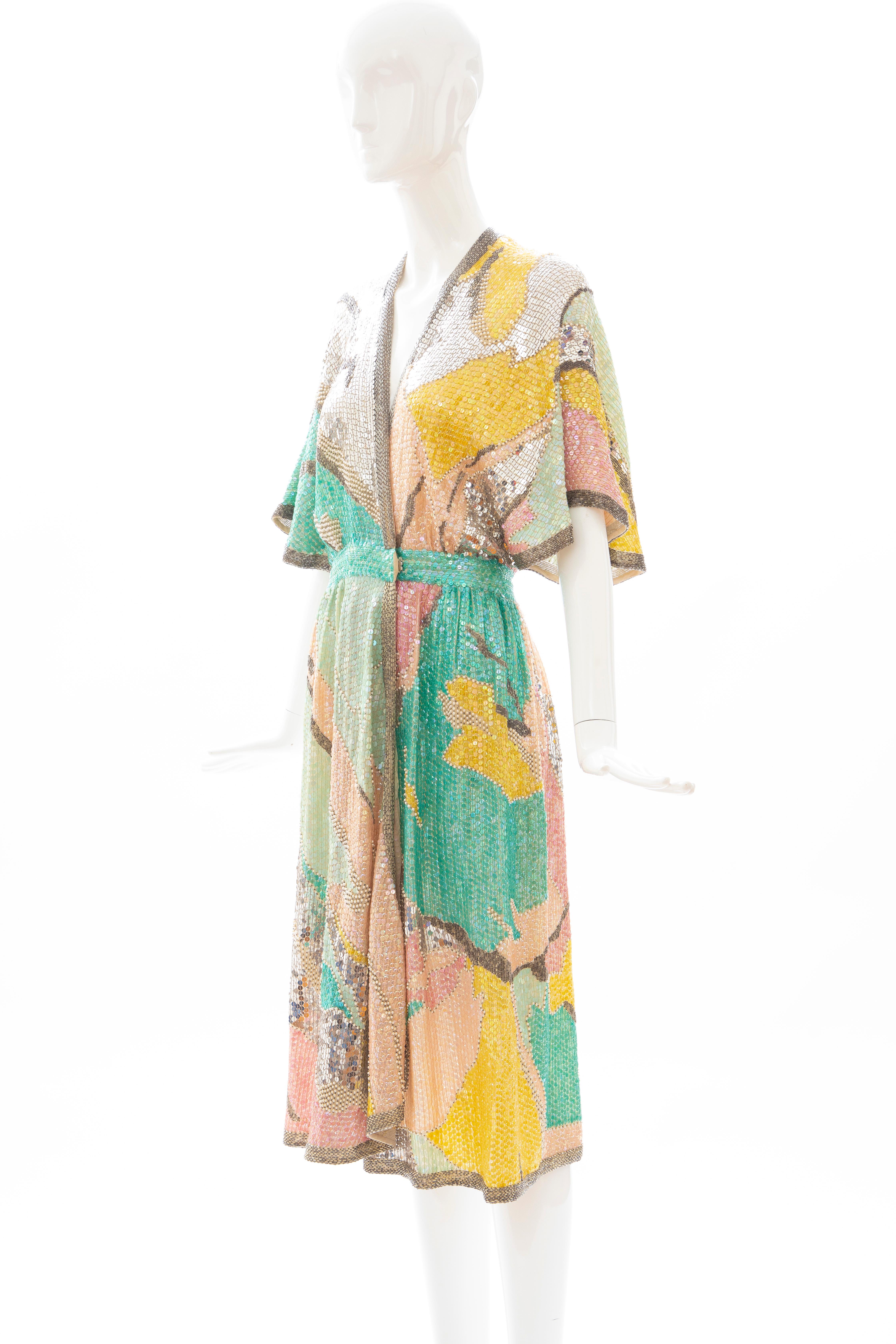 Halston Sequin Seed Pearl Bugle Bead Silk Evening Wrap Dress, Circa: 1970's 8