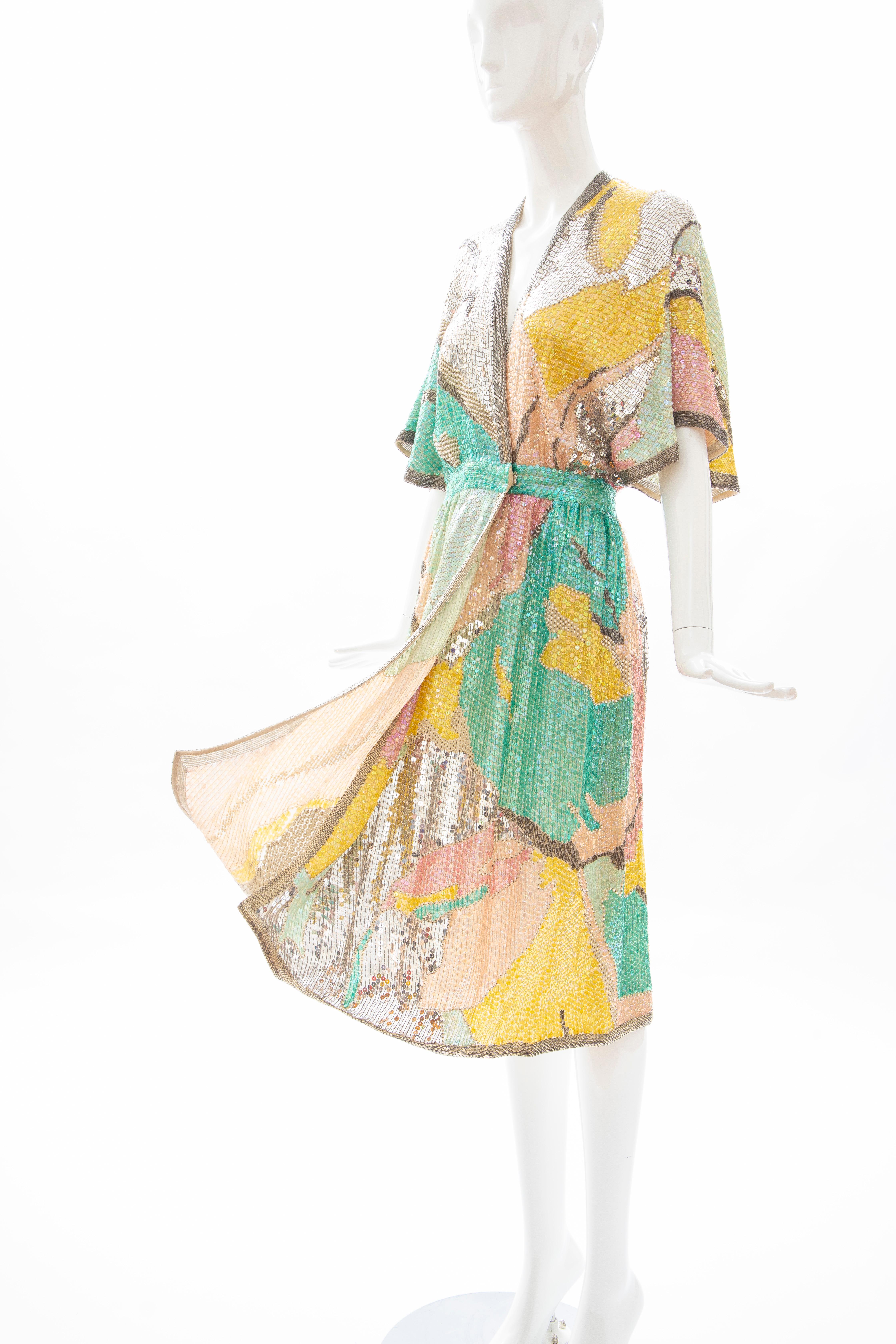 Halston Sequin Seed Pearl Bugle Bead Silk Evening Wrap Dress, Circa: 1970's 9