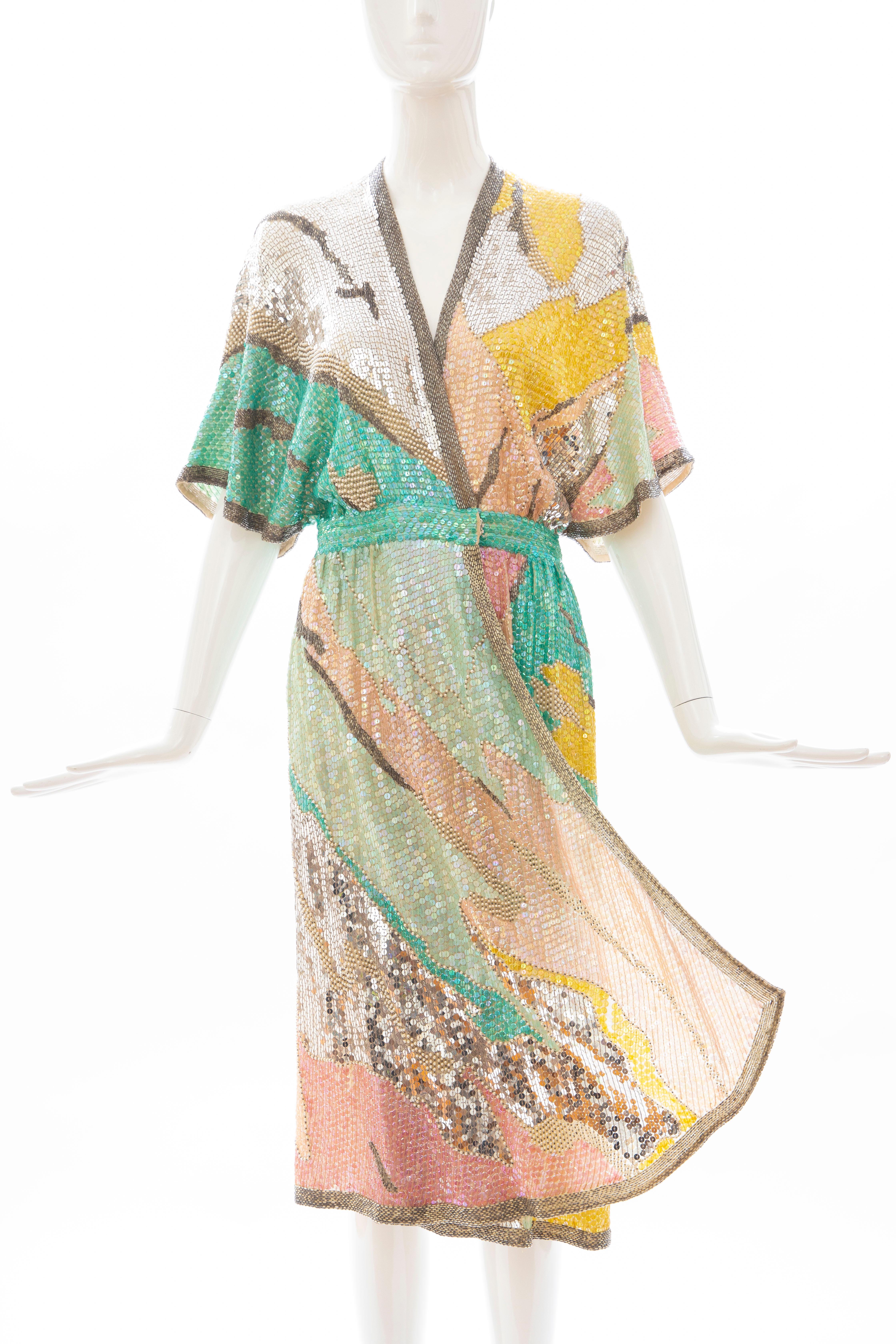 Beige Halston Sequin Seed Pearl Bugle Bead Silk Evening Wrap Dress, Circa: 1970's