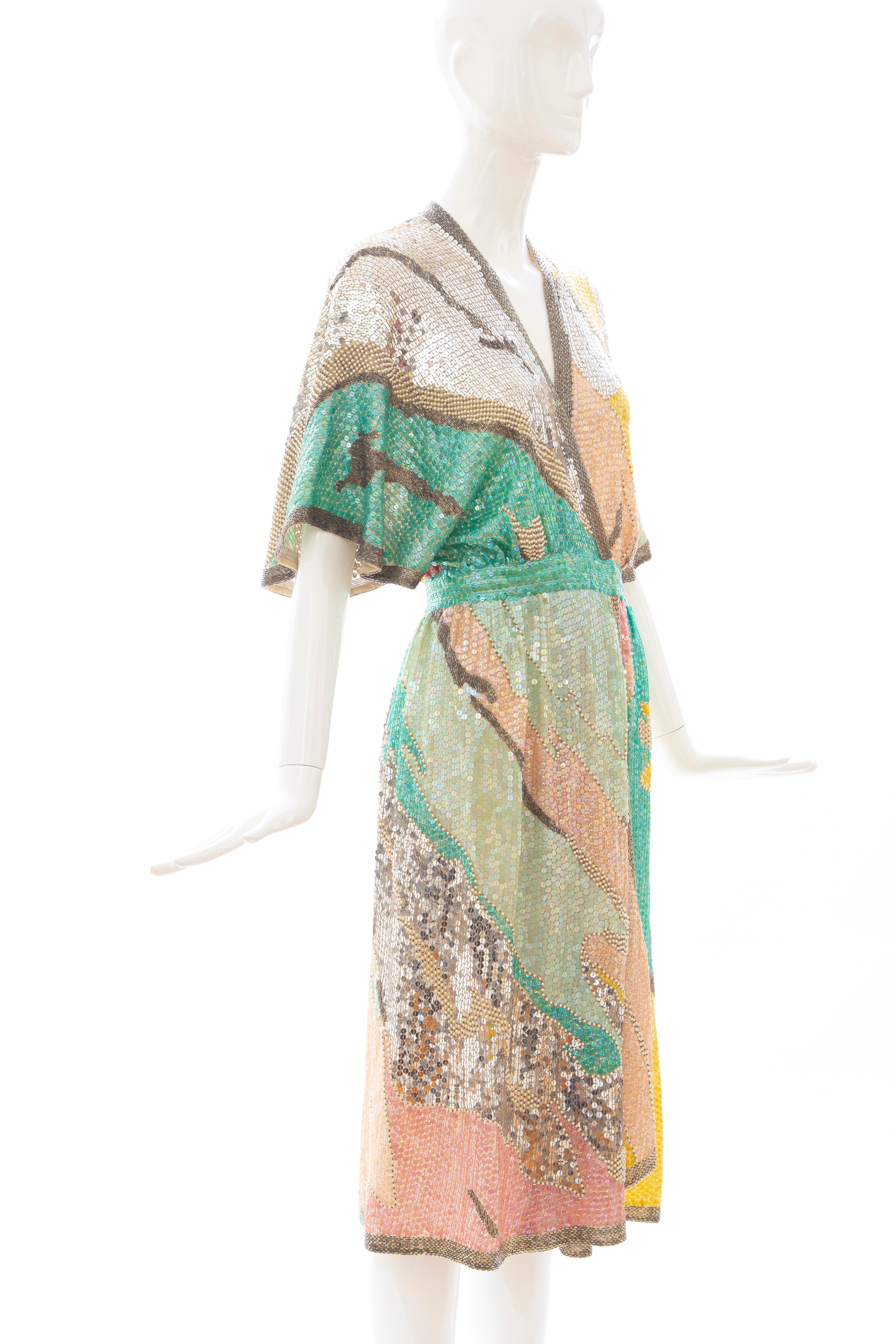 Halston Sequin Seed Pearl Bugle Bead Silk Evening Wrap Dress, Circa: 1970's In Excellent Condition In Cincinnati, OH