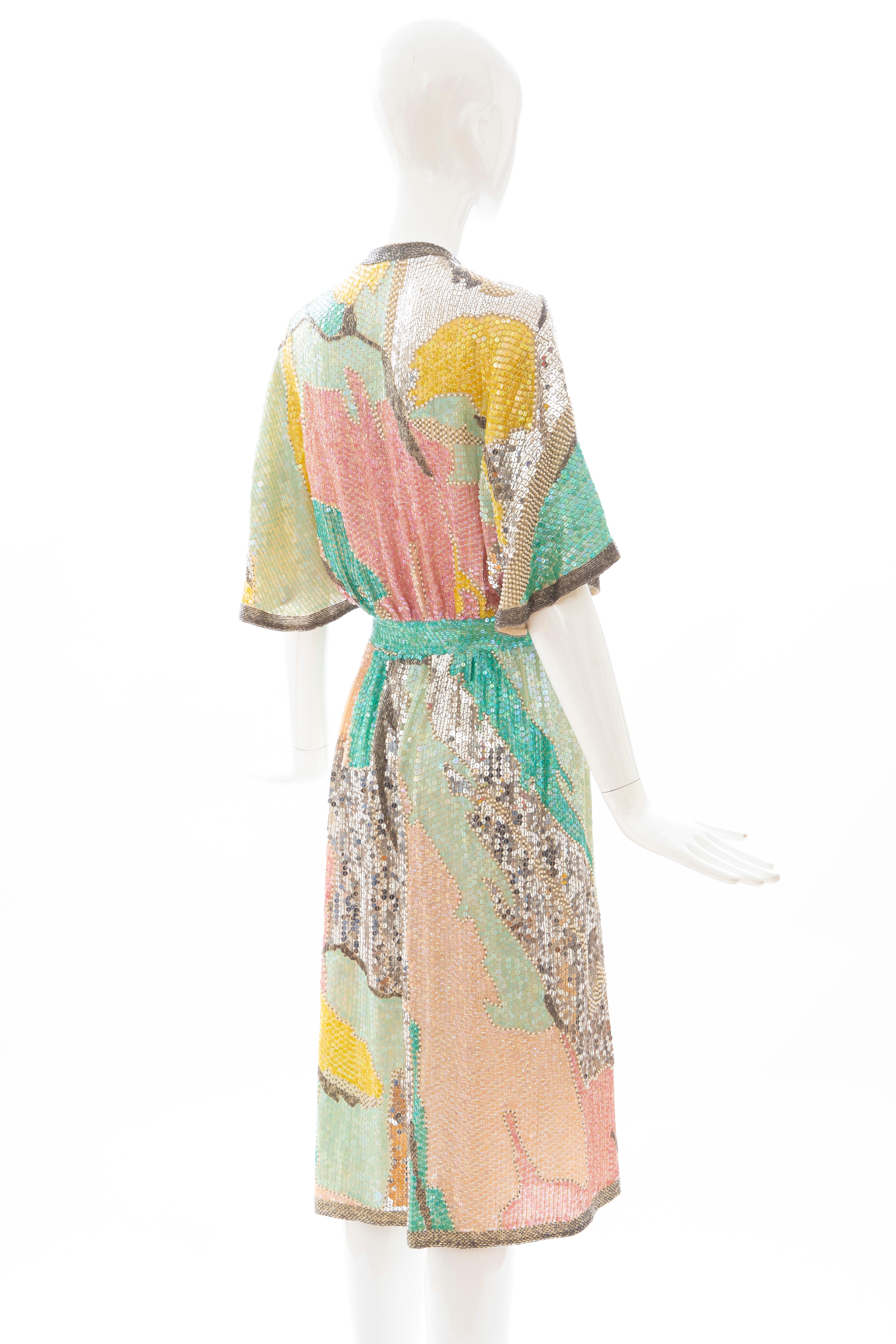 Halston Sequin Seed Pearl Bugle Bead Silk Evening Wrap Dress, Circa: 1970's 1