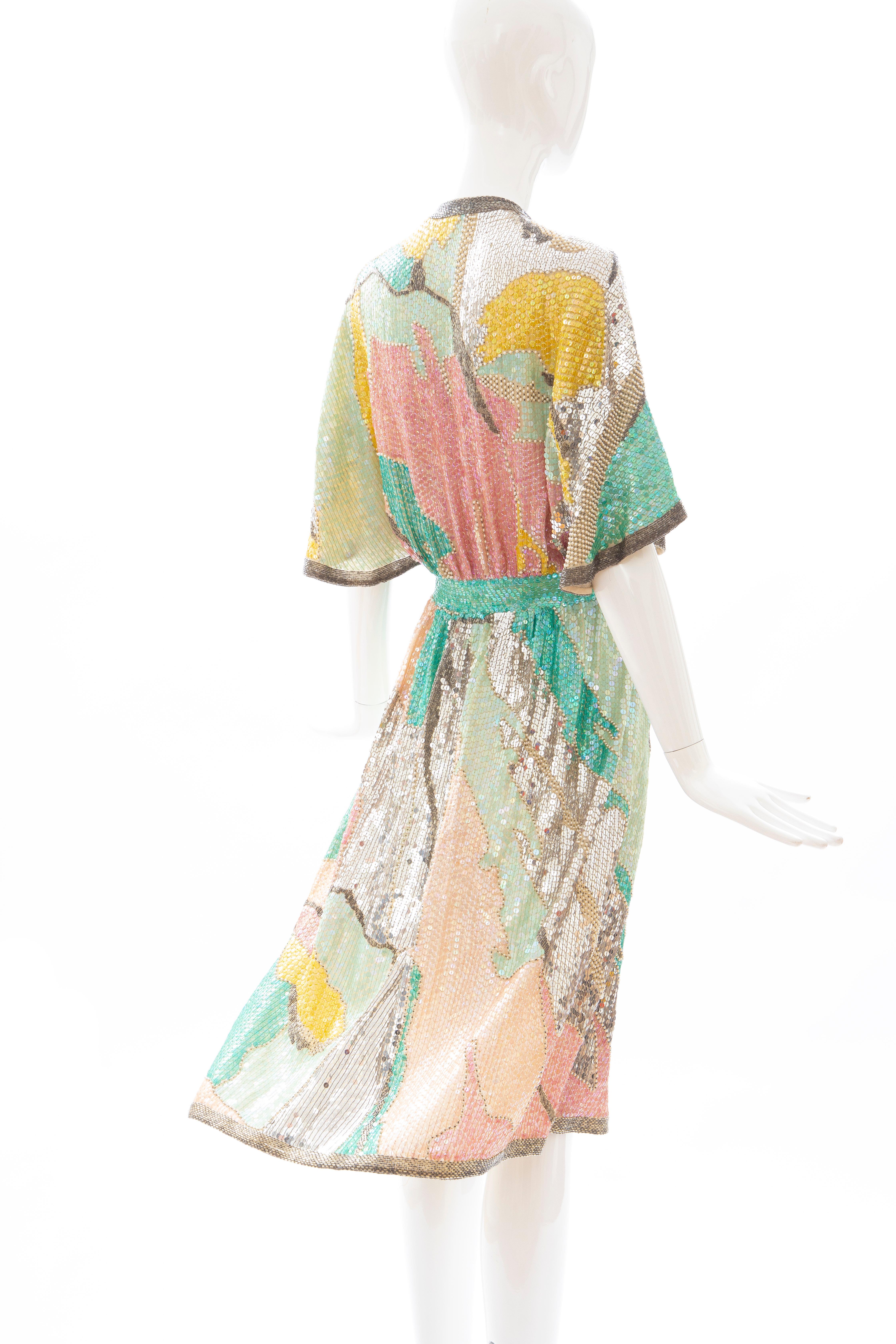 Halston Sequin Seed Pearl Bugle Bead Silk Evening Wrap Dress, Circa: 1970's 2