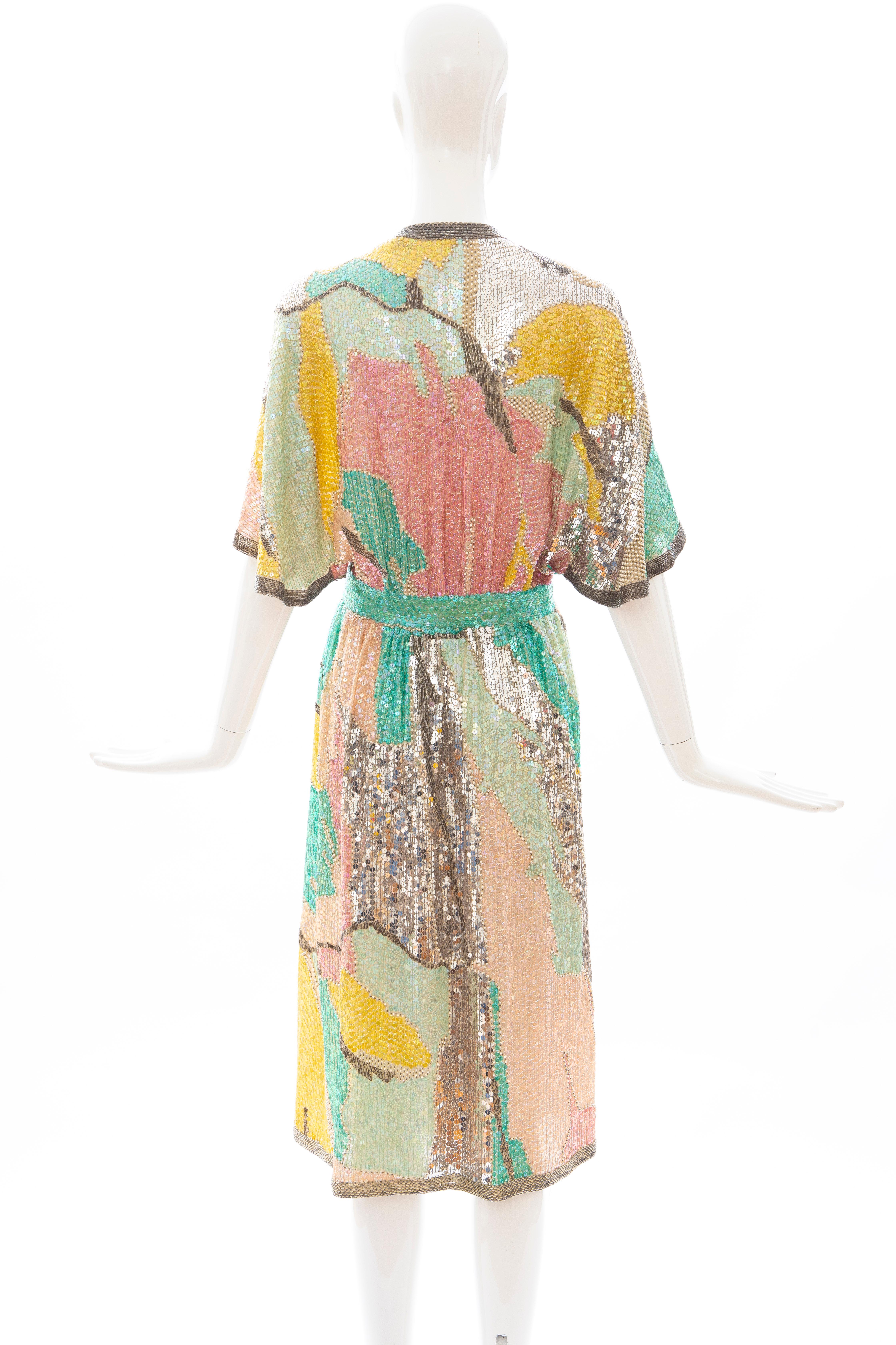 Halston Sequin Seed Pearl Bugle Bead Silk Evening Wrap Dress, Circa: 1970's 3