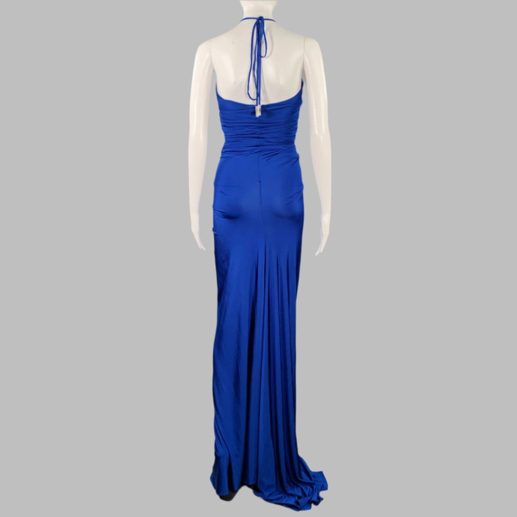 HALSTON Size 0 Blue Cobalt Ruched Halter Long Evening Gown In Excellent Condition For Sale In San Francisco, CA