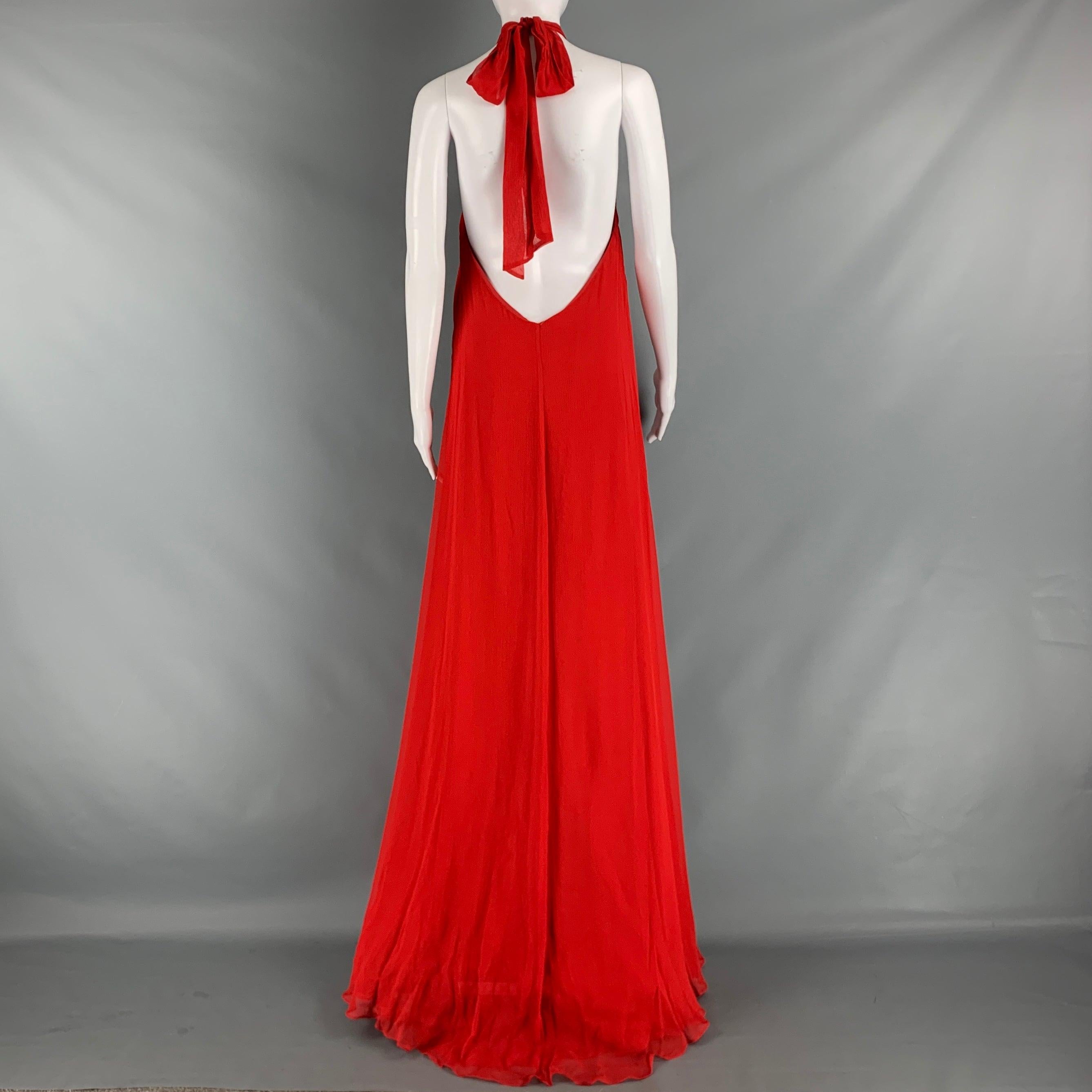 Women's HALSTON Size 10 Red Silk Halter Long Gown