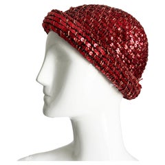 Halston Skull Cap Red Sequins Hat Beanie 70s Rare Studio 54 Disco Era OS Vintage