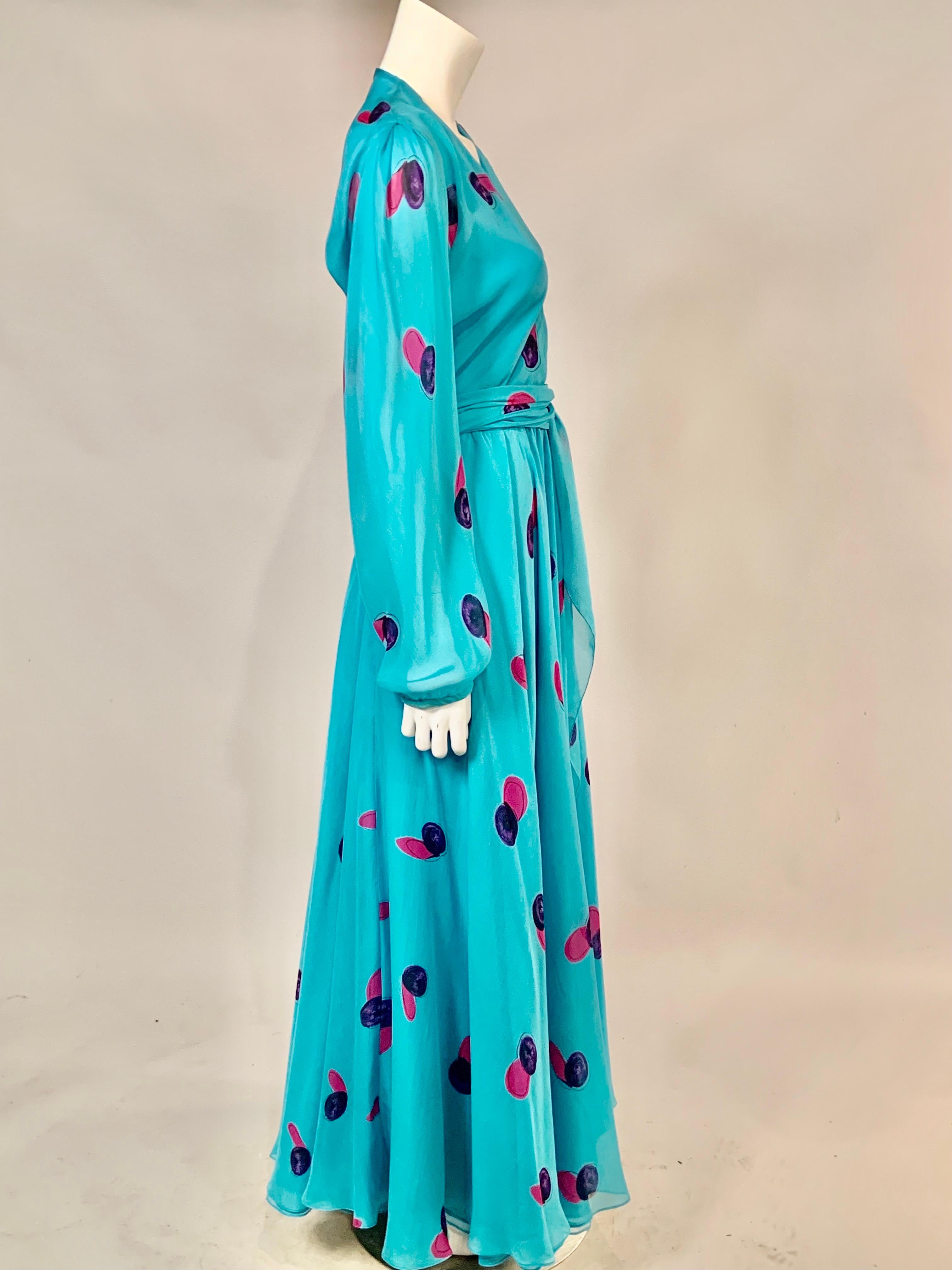 Halston Turquoise Blue Silk Chiffon Dress with Low Neckline  6