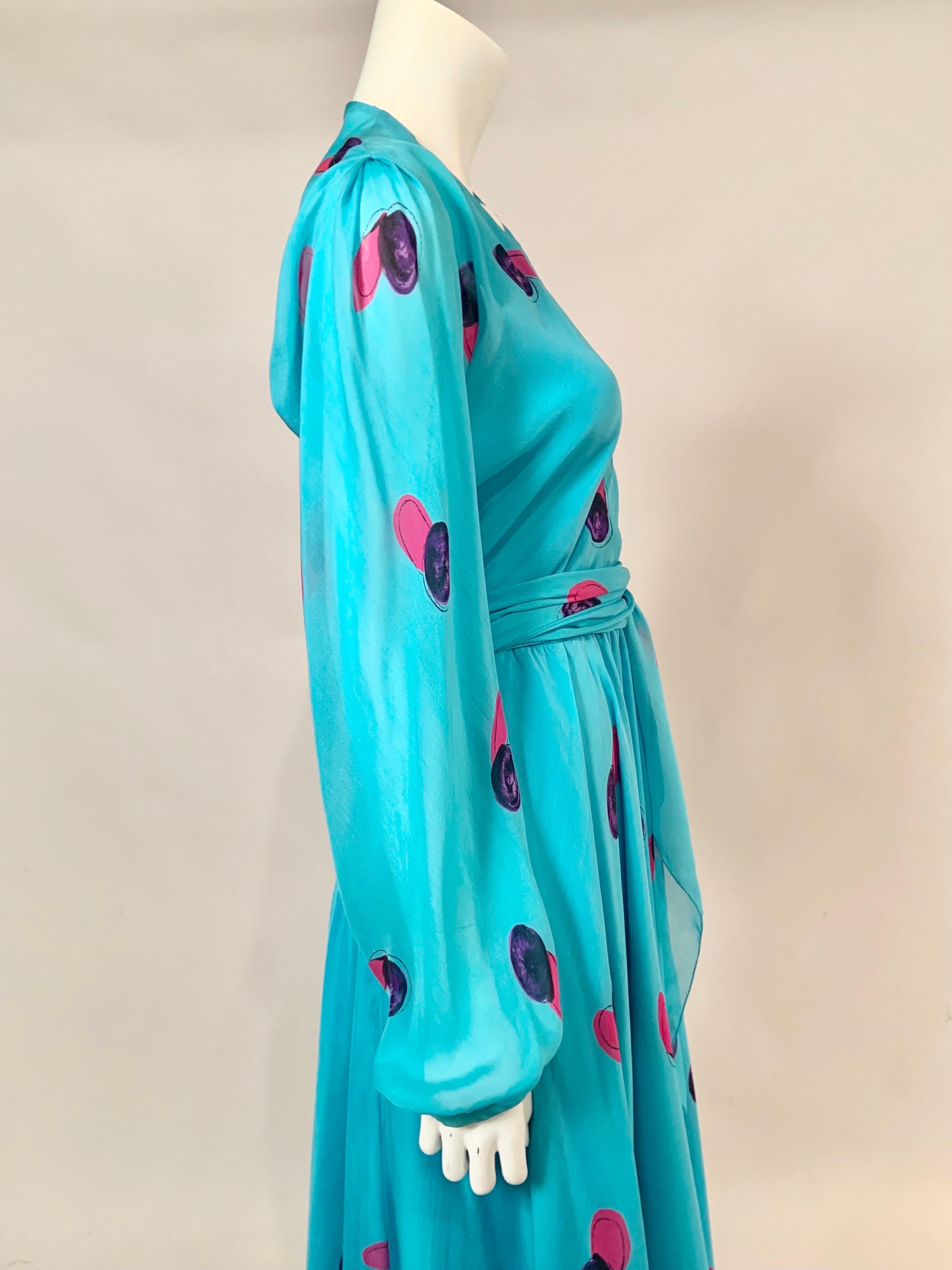 Halston Turquoise Blue Silk Chiffon Dress with Low Neckline  7