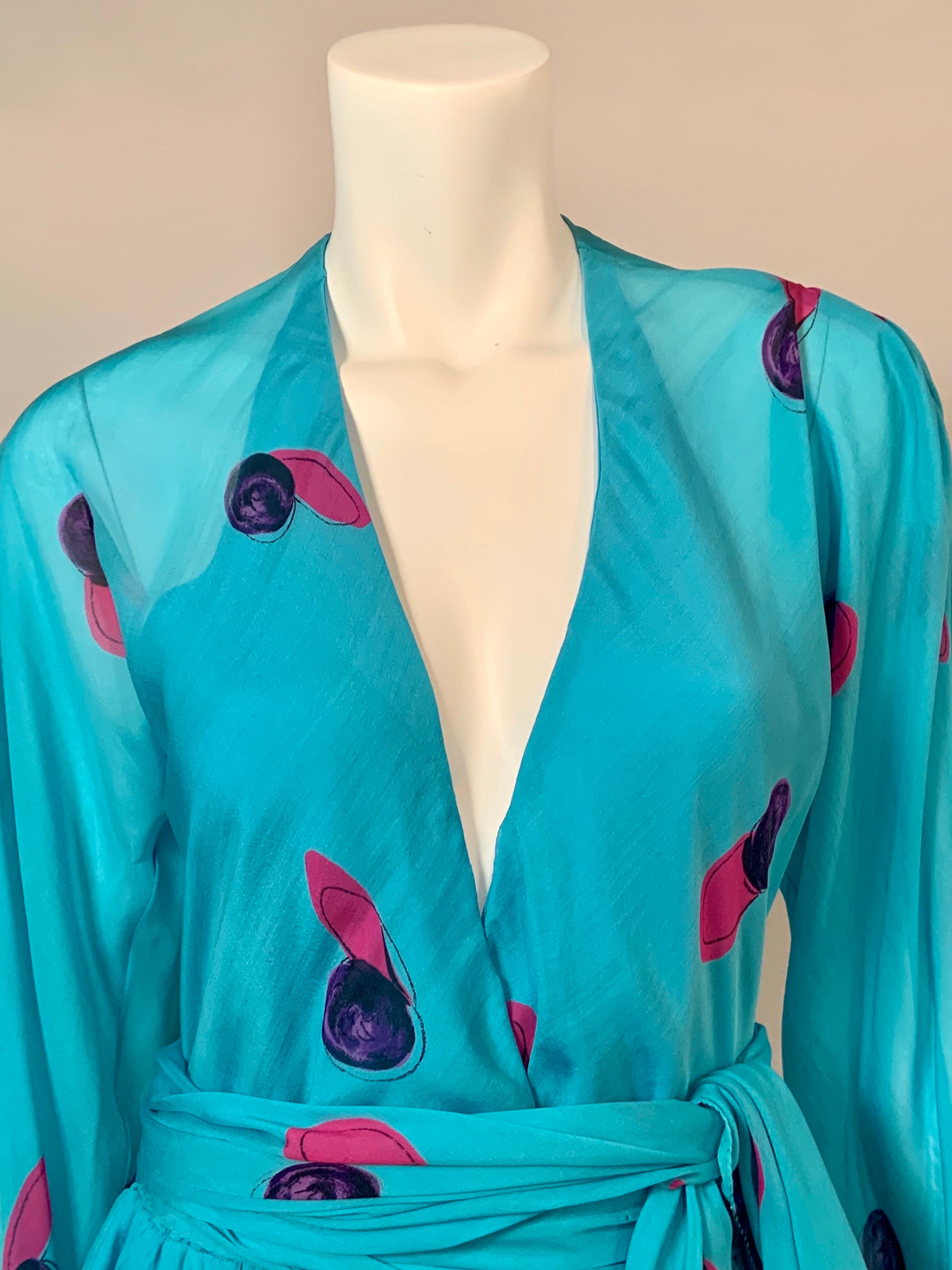 Halston Turquoise Blue Silk Chiffon Dress with Low Neckline  In Excellent Condition In New Hope, PA