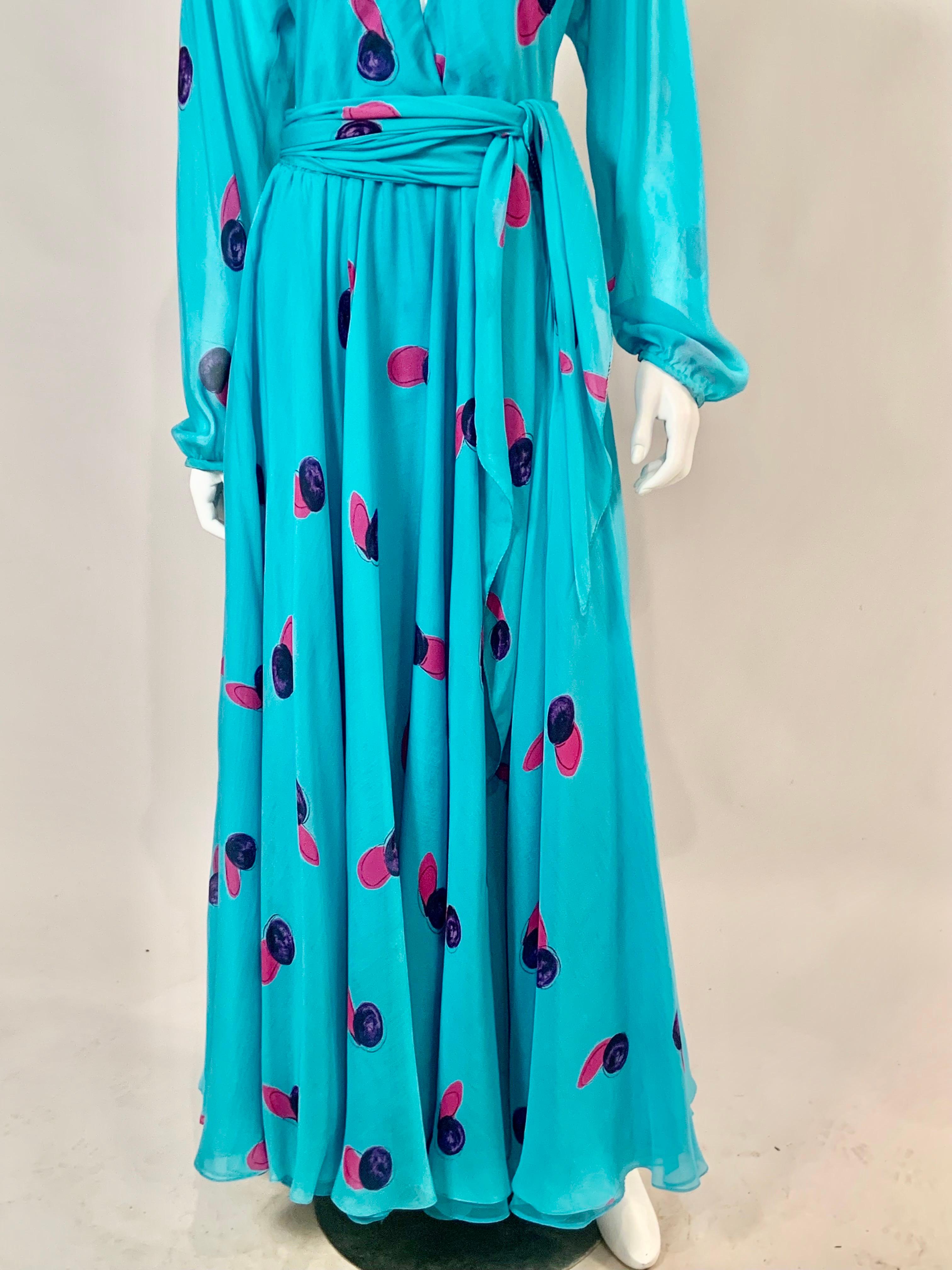 Halston Turquoise Blue Silk Chiffon Dress with Low Neckline  1
