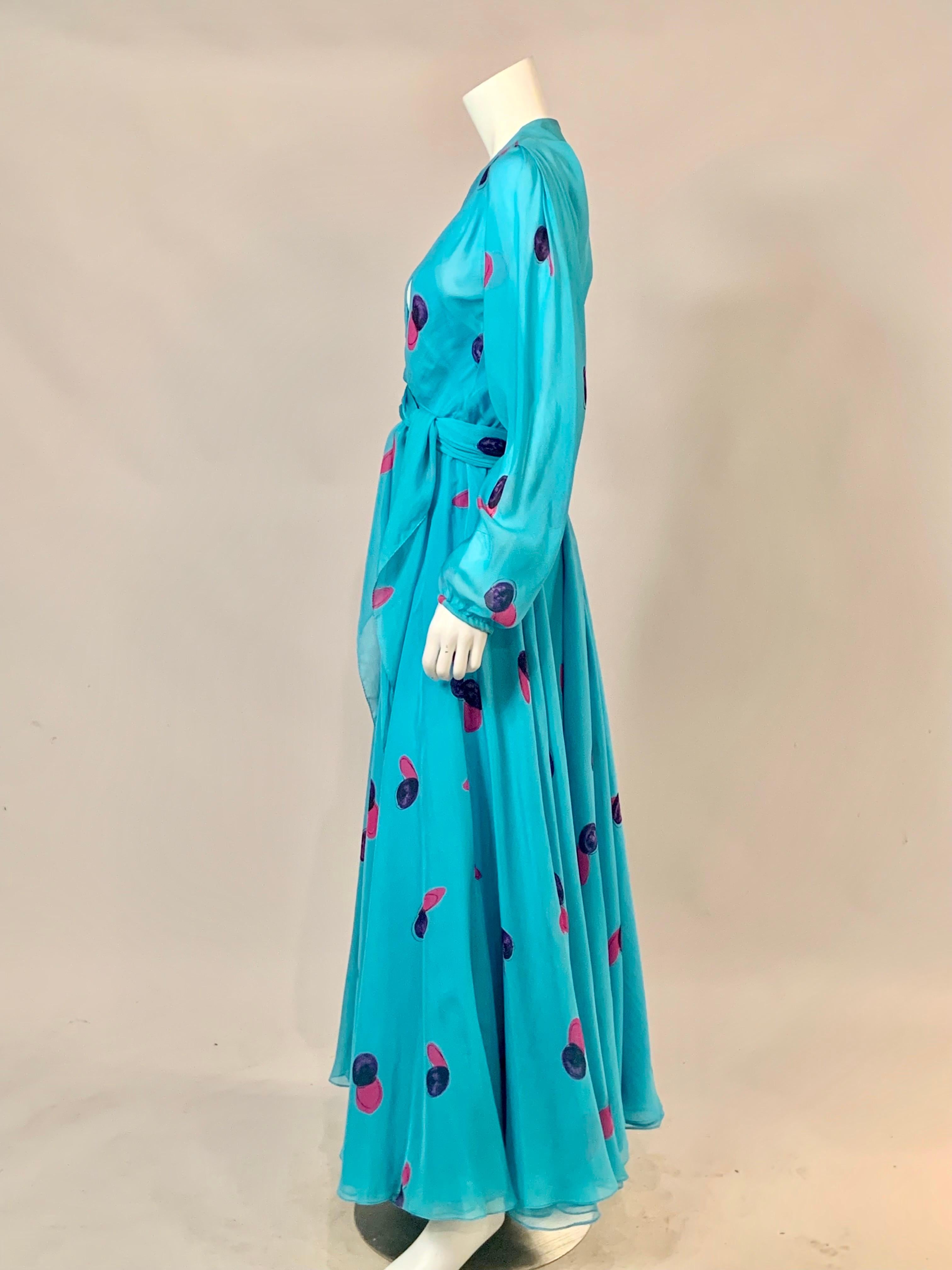 Halston Turquoise Blue Silk Chiffon Dress with Low Neckline  2
