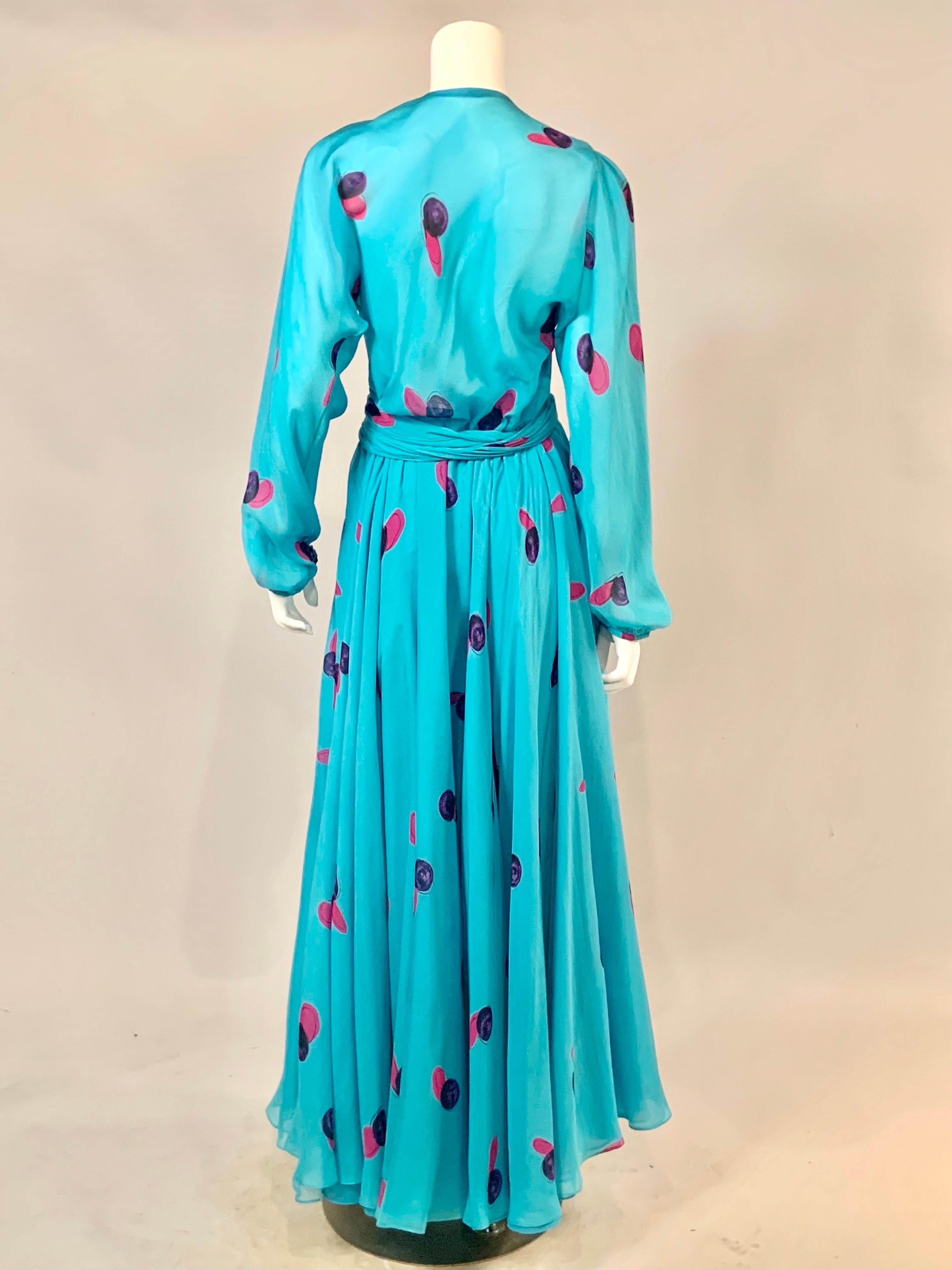Halston Turquoise Blue Silk Chiffon Dress with Low Neckline  3