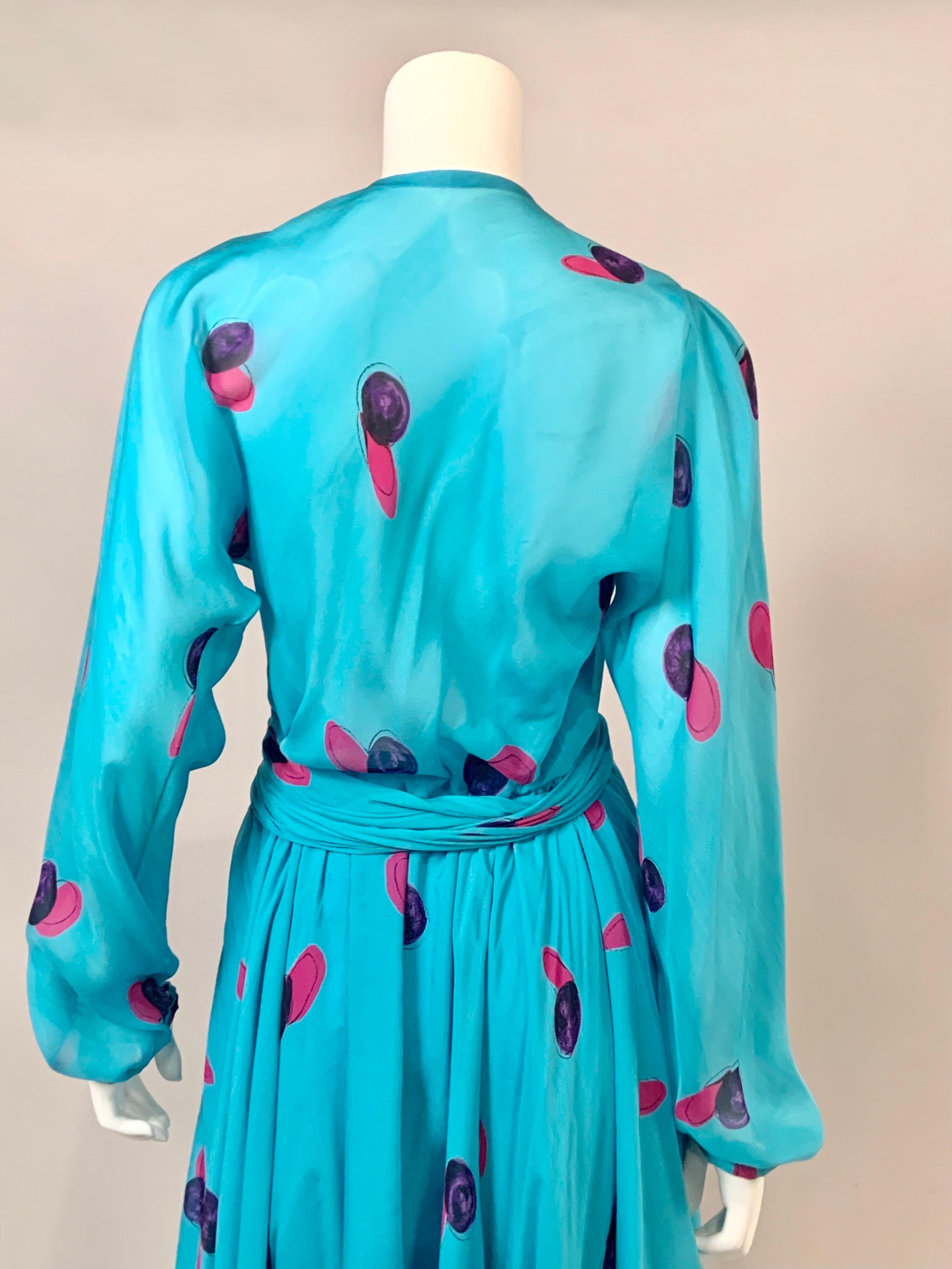 Halston Turquoise Blue Silk Chiffon Dress with Low Neckline  4