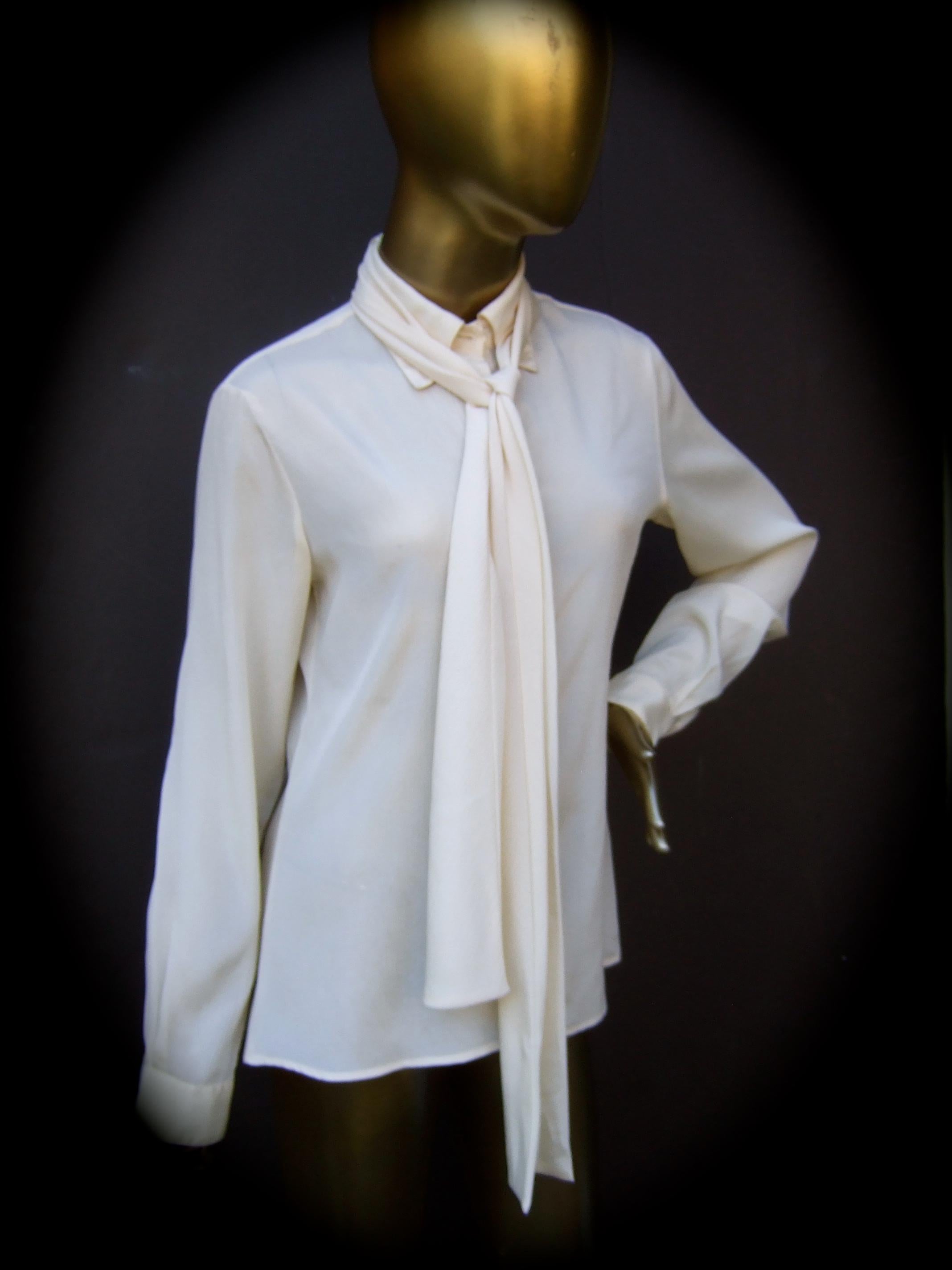 Halston VI Cream Sheer Polyester Pussy Cat Bow Blouse for Neiman Marcus c 1970s 4