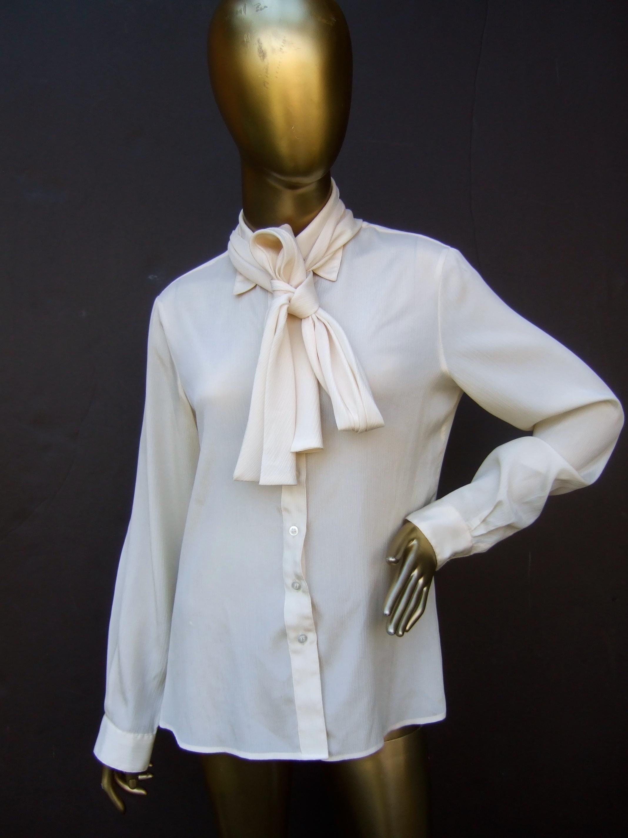 Halston VI Cream Sheer Polyester Pussy Cat Bow Blouse for Neiman Marcus c 1970s In Good Condition In University City, MO