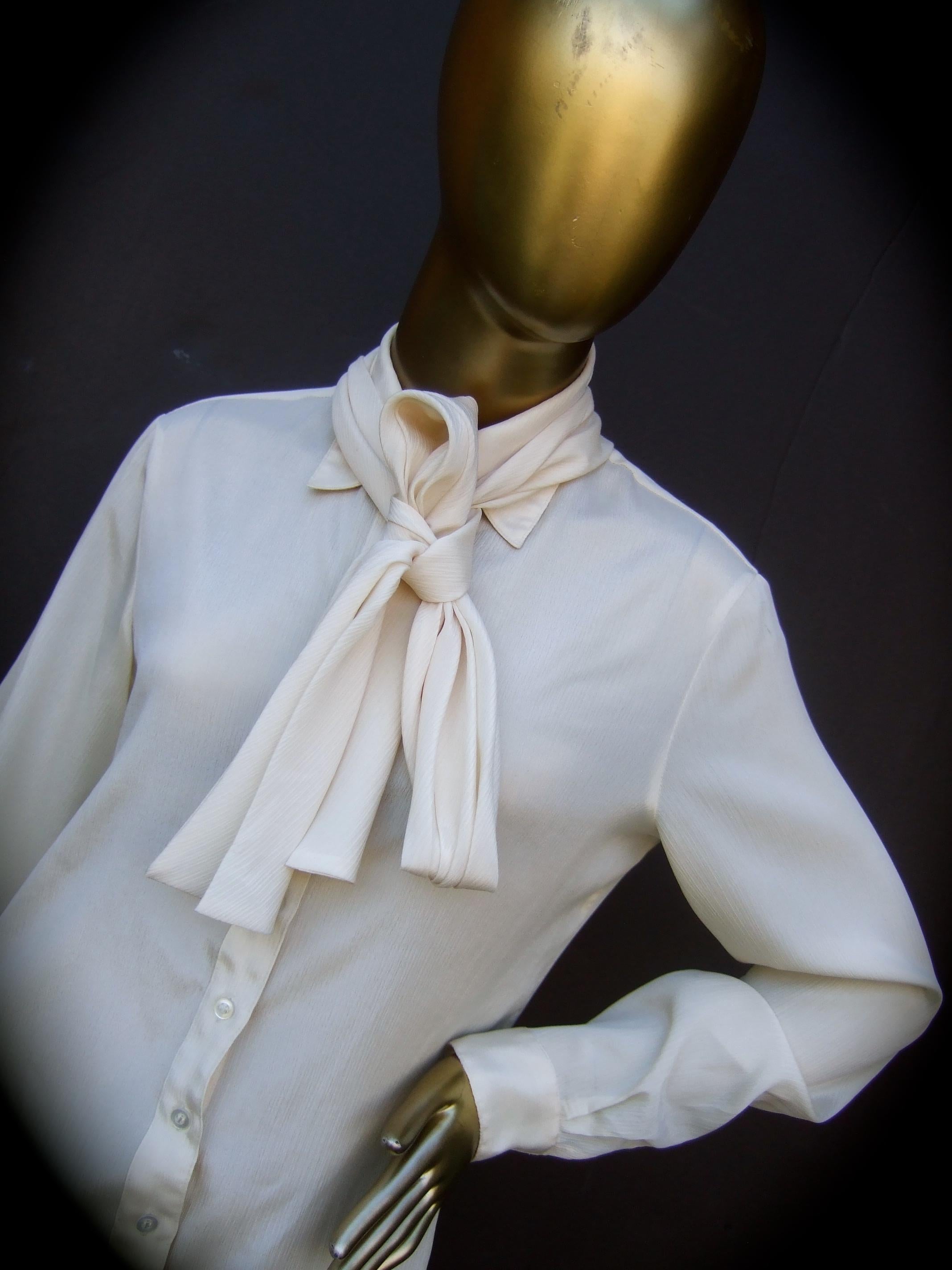 Women's Halston VI Cream Sheer Polyester Pussy Cat Bow Blouse for Neiman Marcus c 1970s