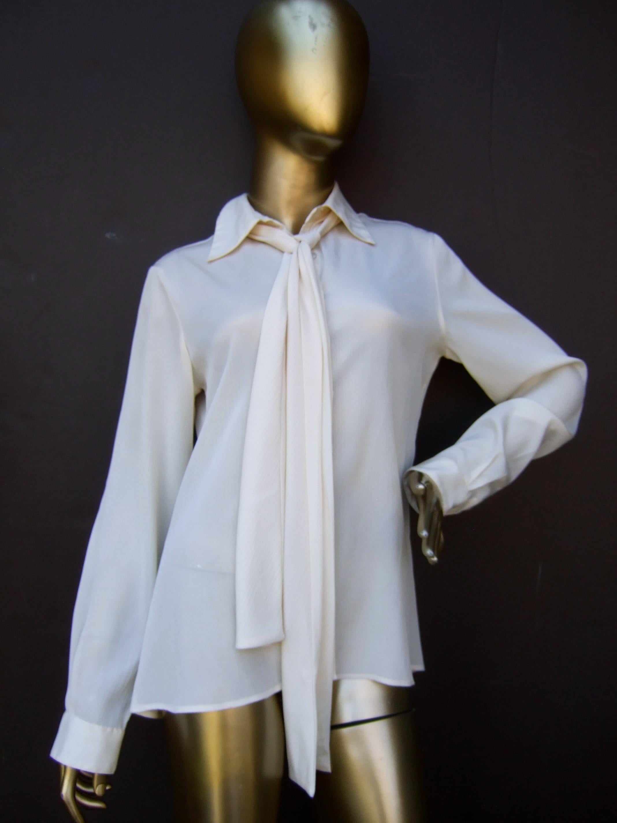 Halston VI Cream Sheer Polyester Pussy Cat Bow Blouse for Neiman Marcus c 1970s 1