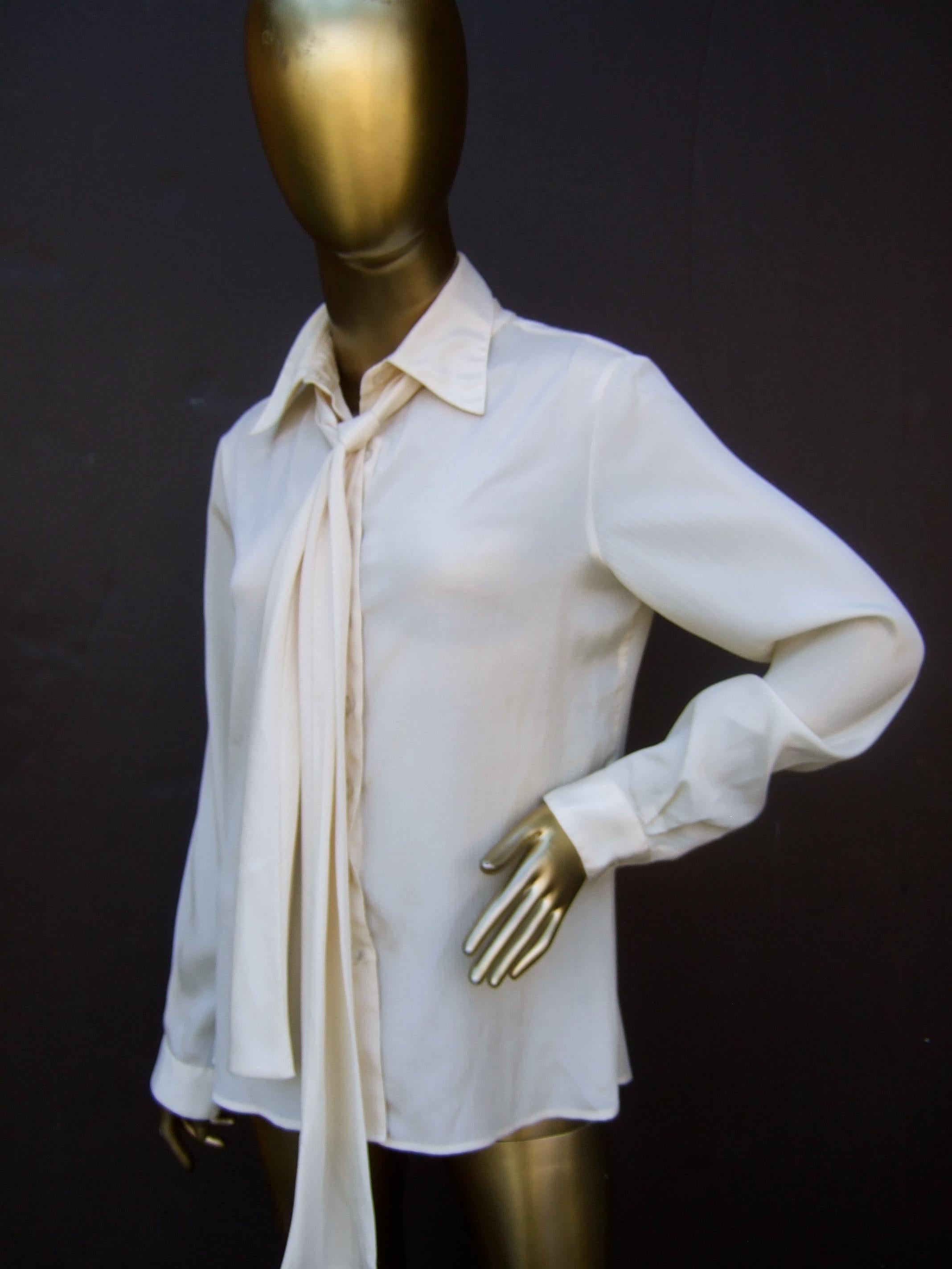 Halston VI Cream Sheer Polyester Pussy Cat Bow Blouse for Neiman Marcus c 1970s 2