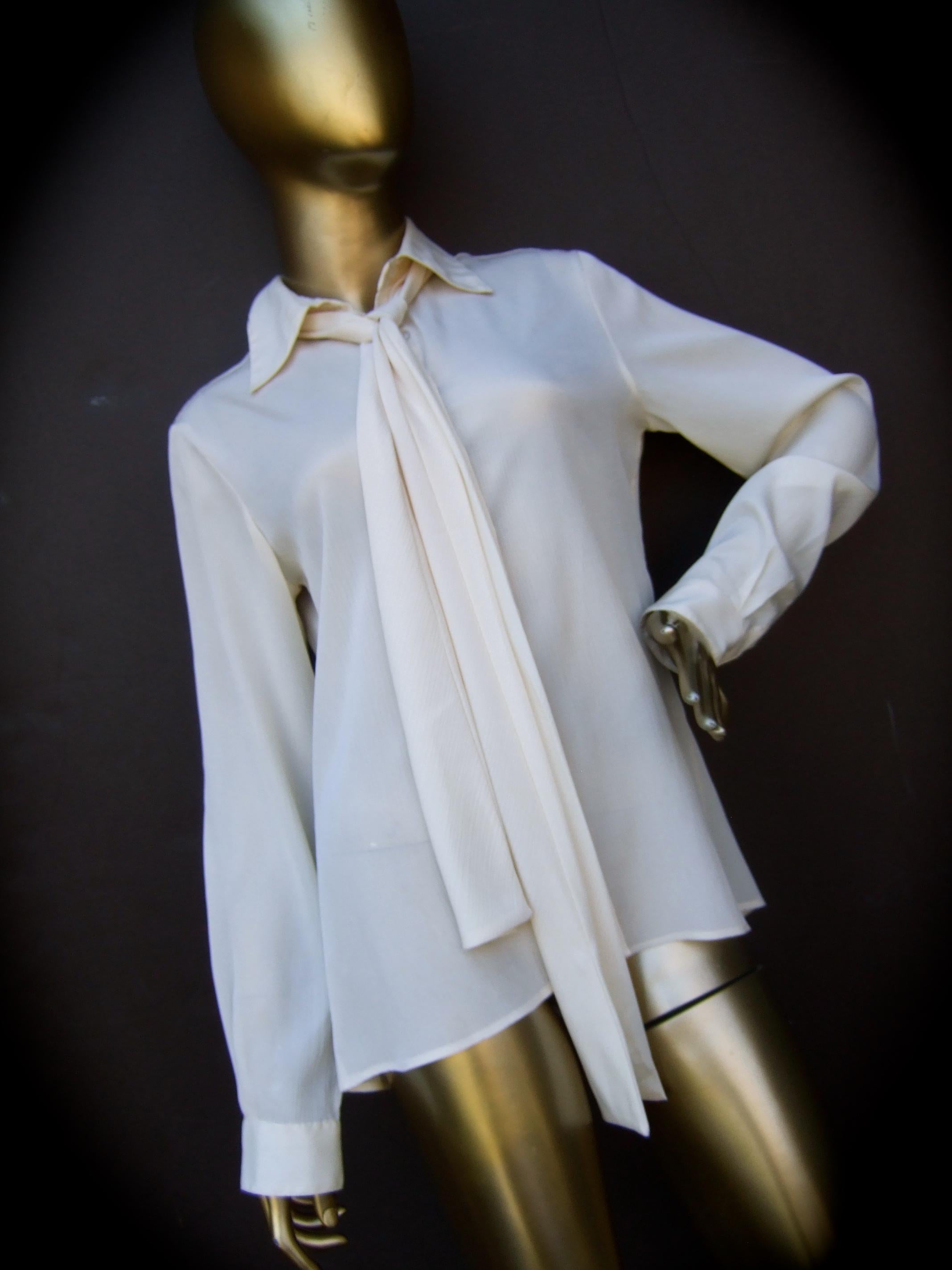 Halston VI Cream Sheer Polyester Pussy Cat Bow Blouse for Neiman Marcus c 1970s 3