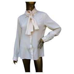 Halston VI Cream Sheer Polyester Pussy Cat Bow Blouse for Neiman Marcus c 1970s