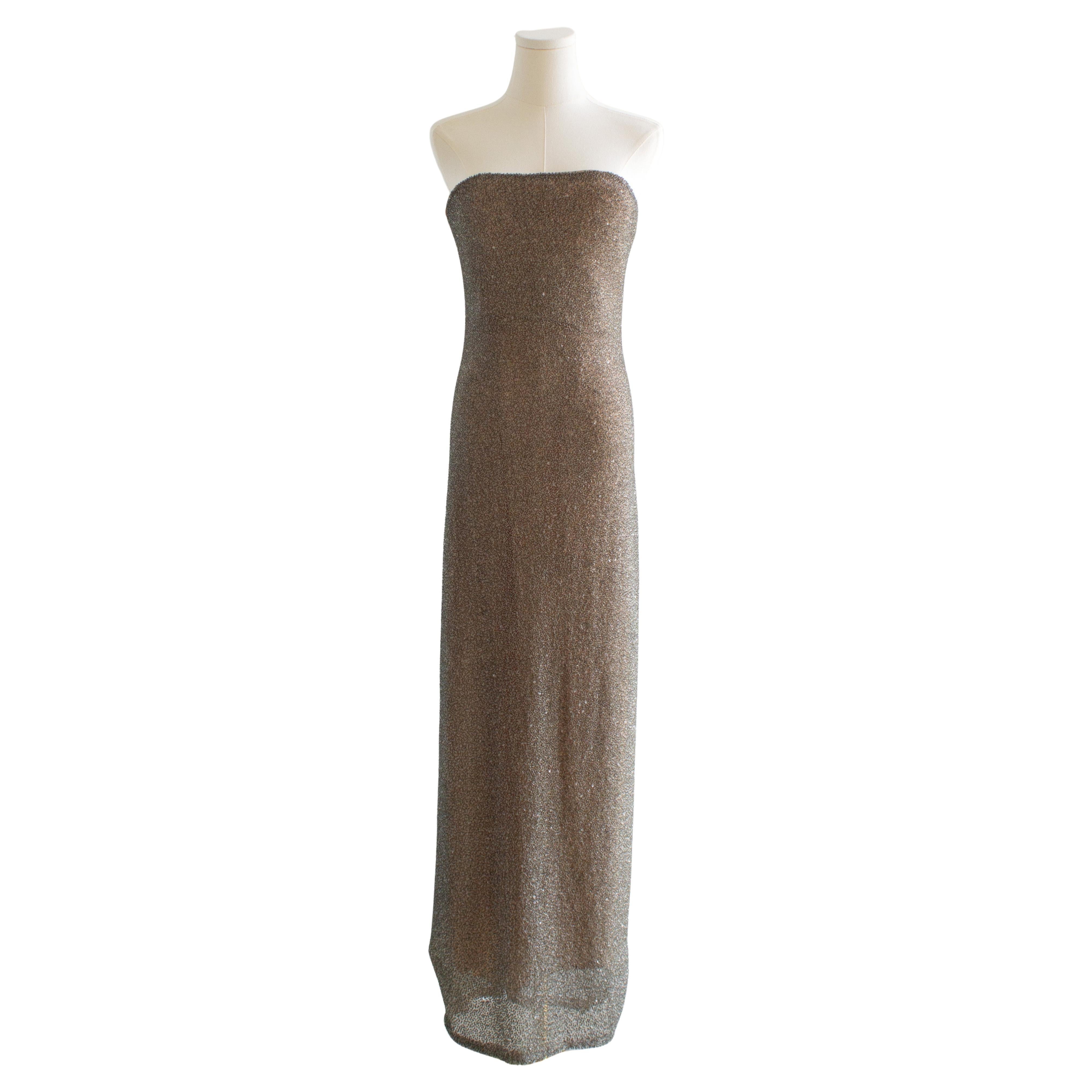 Halston Vintage F/W 1997 Vestido de lentejuelas de cristal con cuentas de plata desnuda en venta