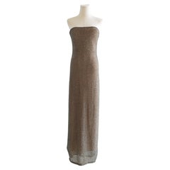 Robe vintage Halston F/W 1997 Crystal Sequin Beaded Silver Nude