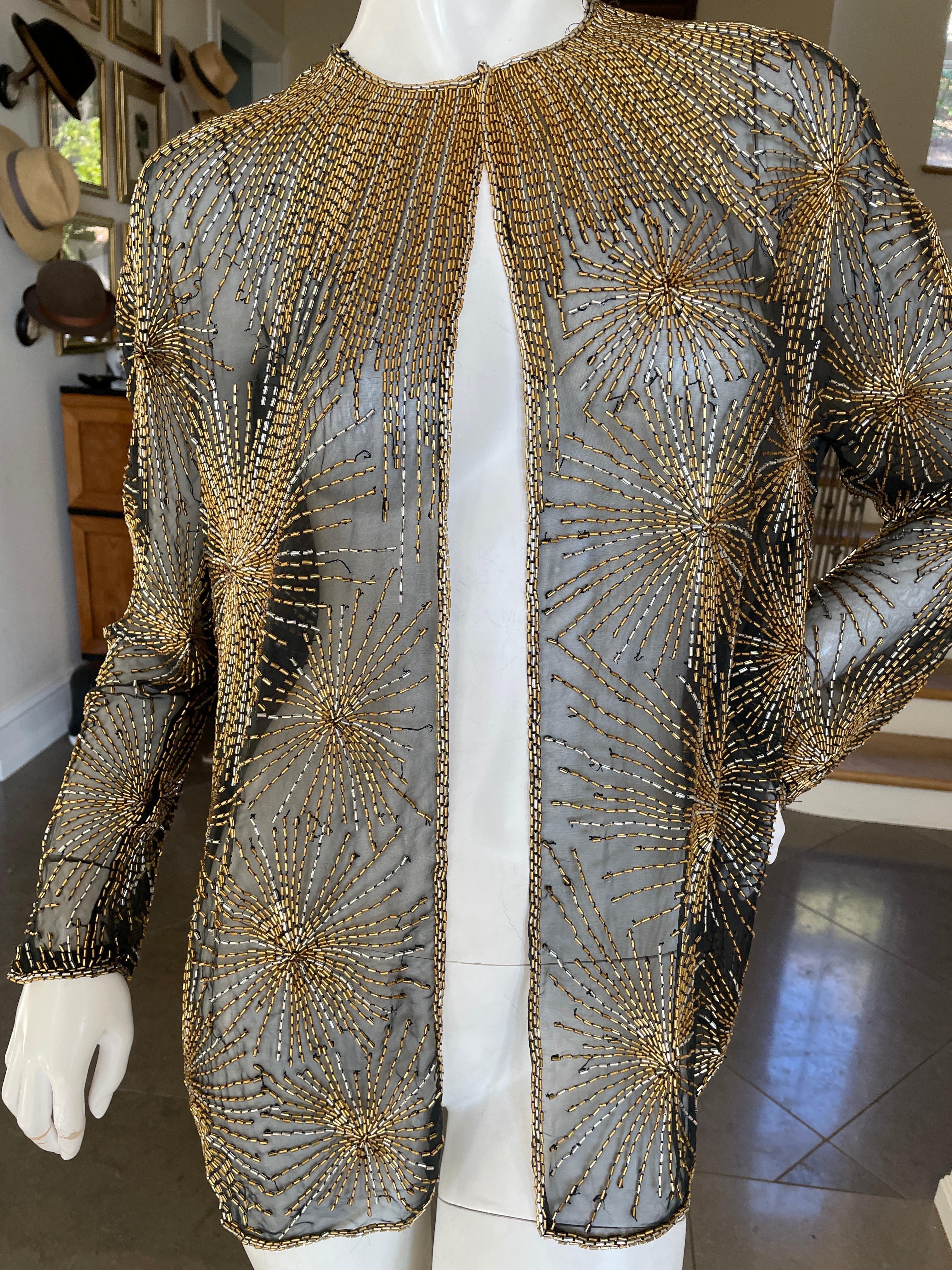 Halston Vintage Seventies Sheer Fireworks Evening Jacket in Golden Bugle Beads In Good Condition For Sale In Cloverdale, CA