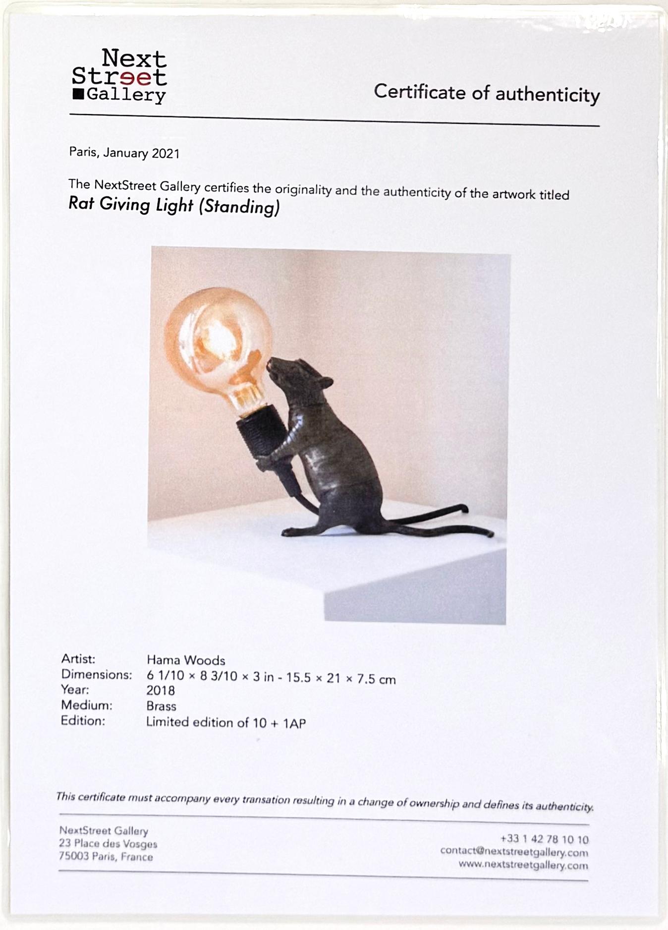 Rat Giving Light (Standing), rare brass sculpture - Gray Figurative Sculpture by Hama Woods