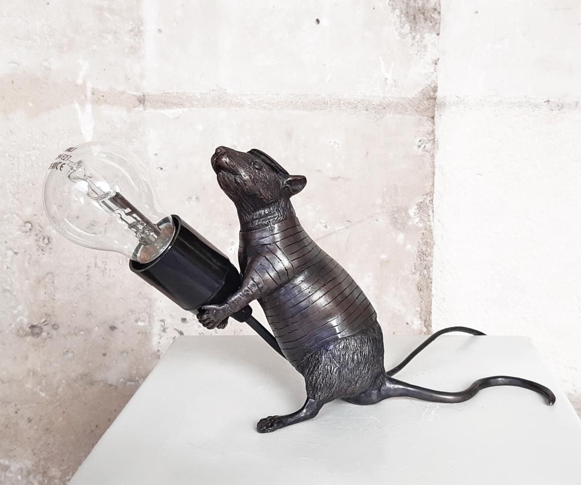 Hama Woods Figurative Sculpture - Rat Giving Light (Standing), rare brass sculpture