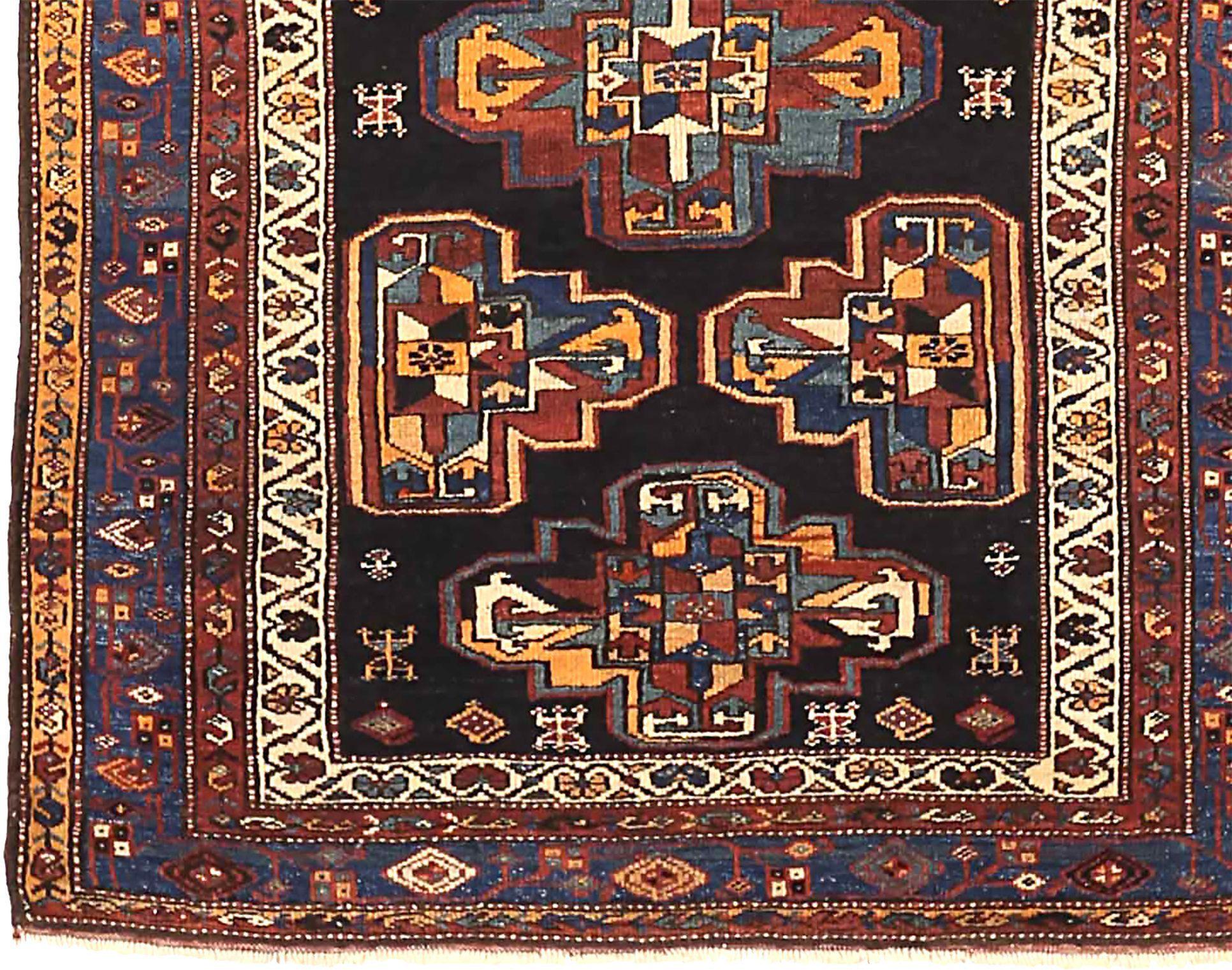 Persischer Hamadan Kleiner Teppich CIRCA 1910 - Wolle Blau Marineblau Rot Gelb 71248 (Asiatisch) im Angebot