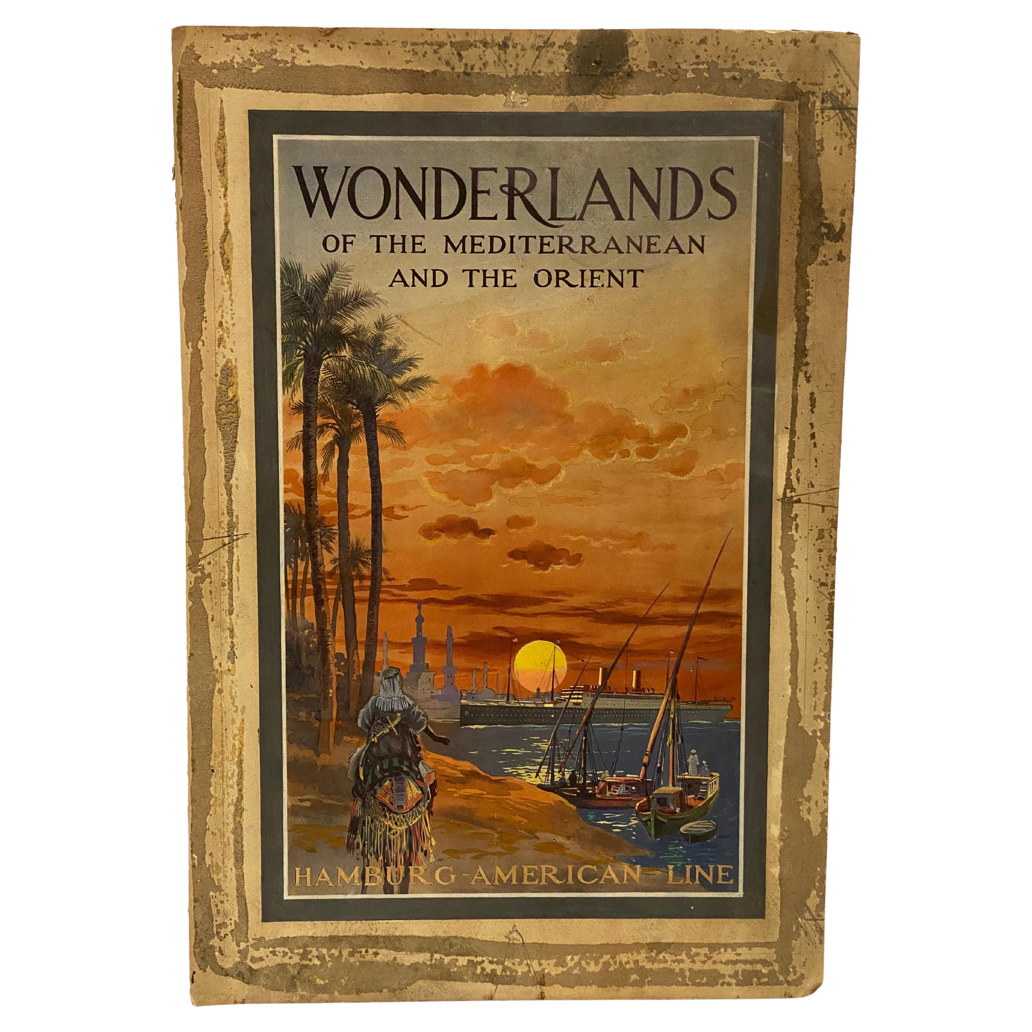 The original illustration watercolor for The Hamburg-American Cruise Line featuring the Wonderlands Of The Mediterranean And The Orient. A beautifully detailed watercolor of a setting sun in what is most likely a port in North Africa. These