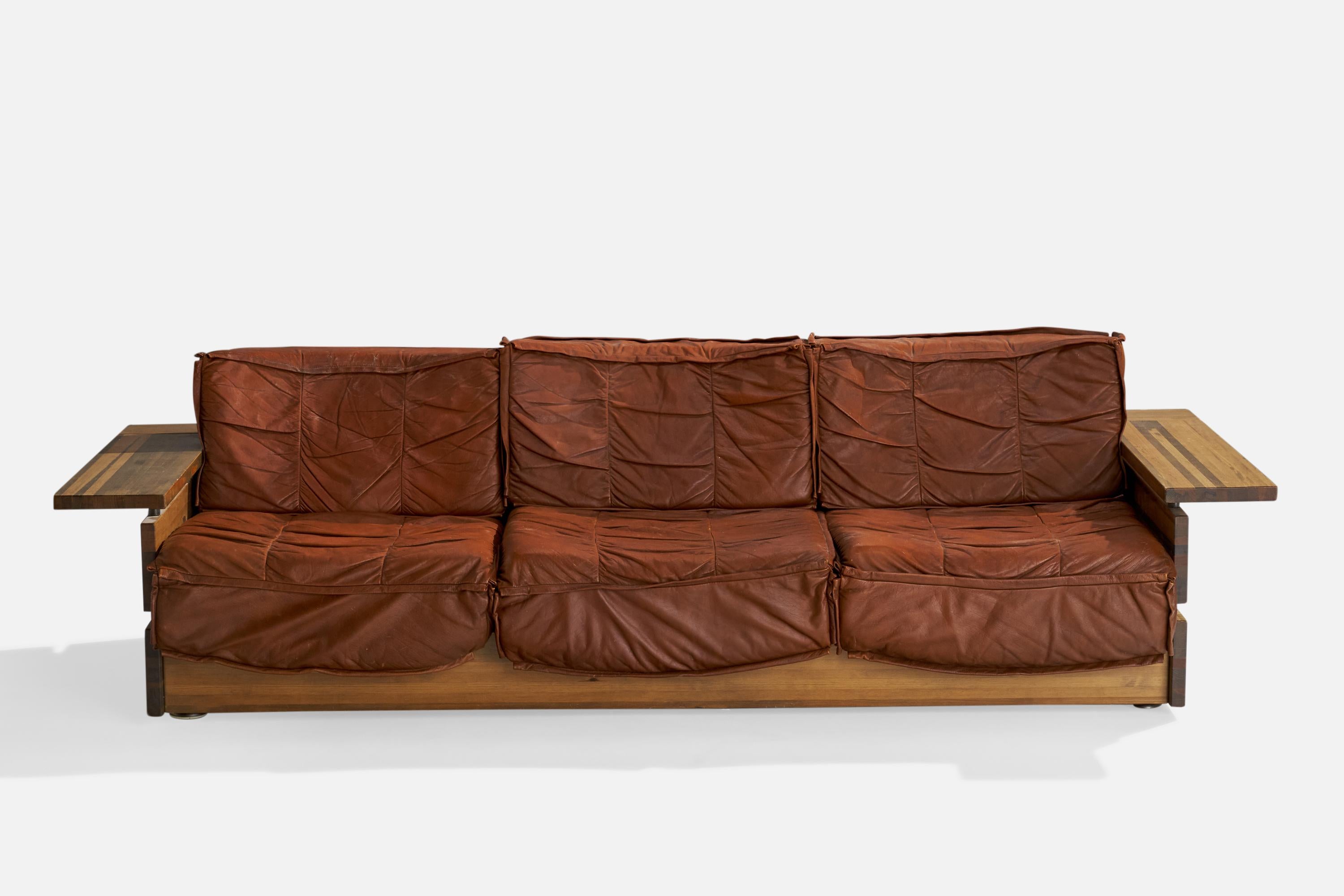 Finnish Hämeen Kalustaja, Sofa, Pine, Leather, Finland, 1970s For Sale
