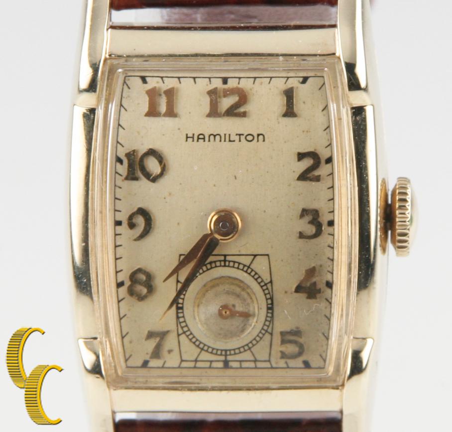 Women's or Men's Hamilton 10k Gold Filled Wristwatch with Brown Leather Band, 21mm For Sale