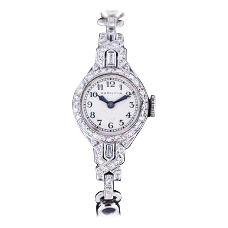 Hamilton 14 Karat Solid White Gold Ladies Dress Watch with Original Dial, 1940s en venta