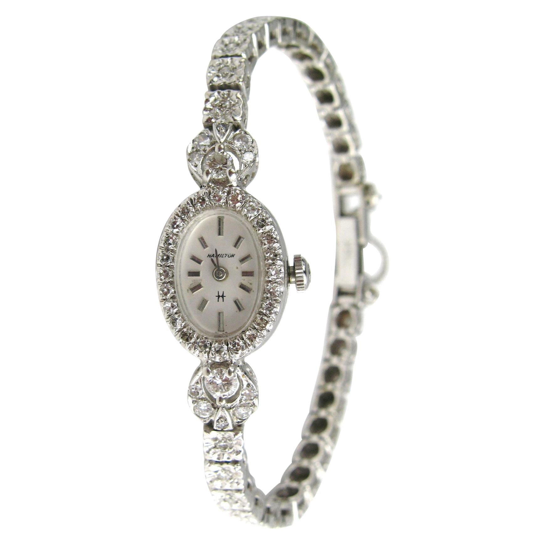 Hamilton 14 Karat White Gold Diamond Dress Watch 17 Jewels, 1950s