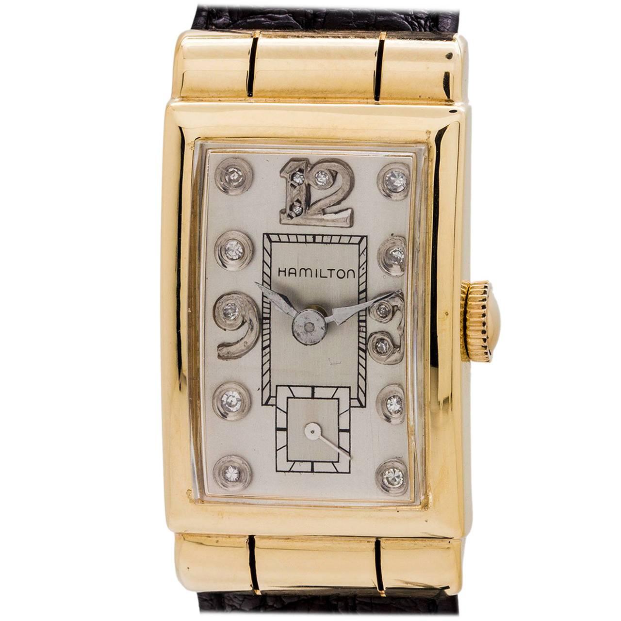 Hamilton 14 Karat YG Diamond Dial Hooded Lugs, circa 1950s